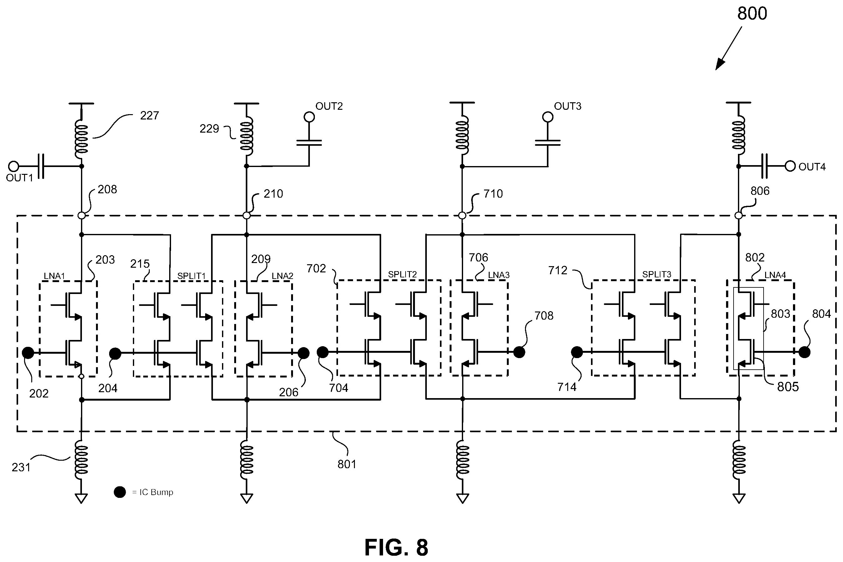 Patent US12184248 Figure 9 – RFFE LNA topology supporting both noncontiguous intraband carrier aggregation and interband carrier aggregation
