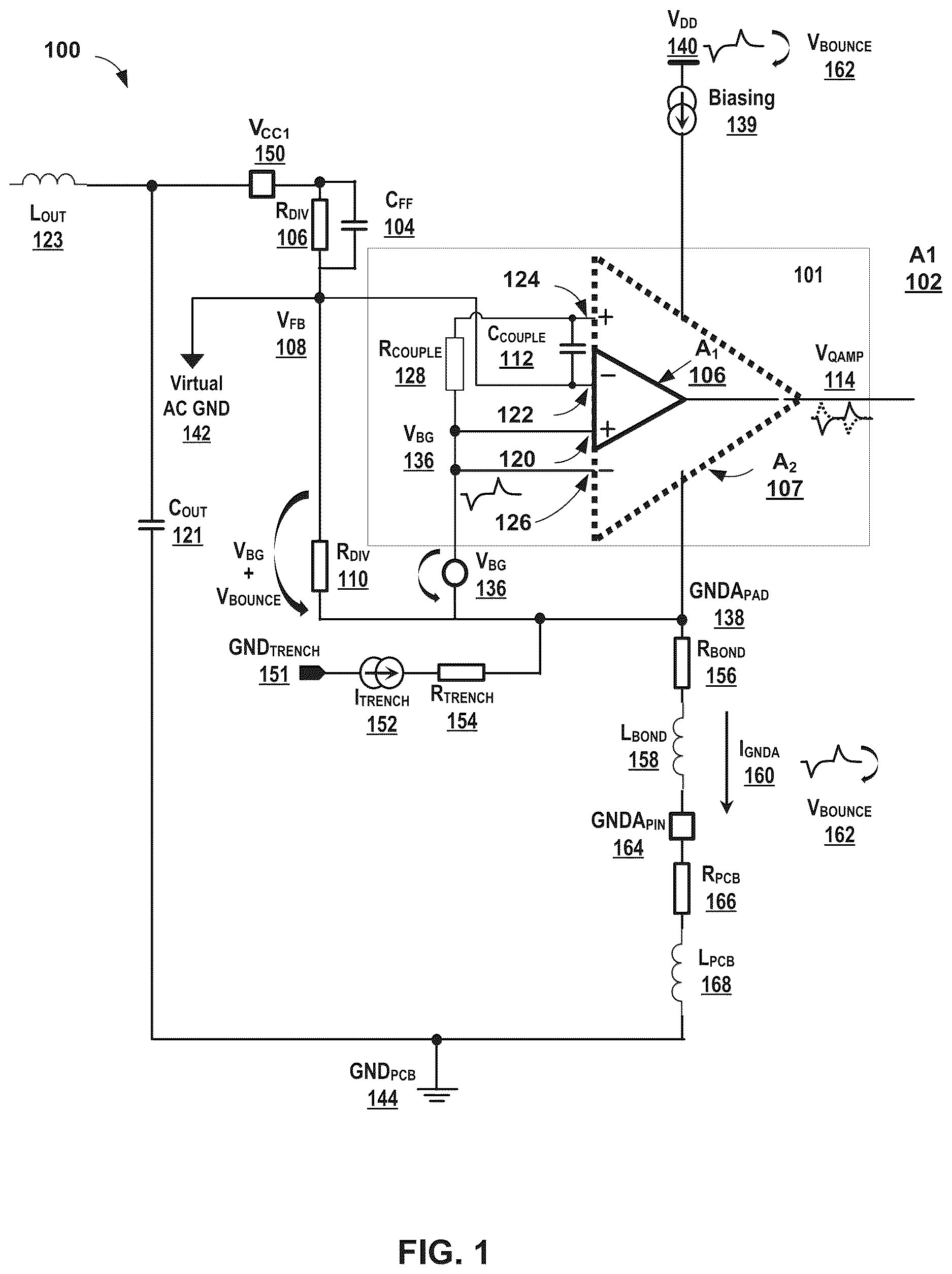 Patent US12184249 Figure 1 – Active ground bounce noise cancelation technique for closed loop analog regulation