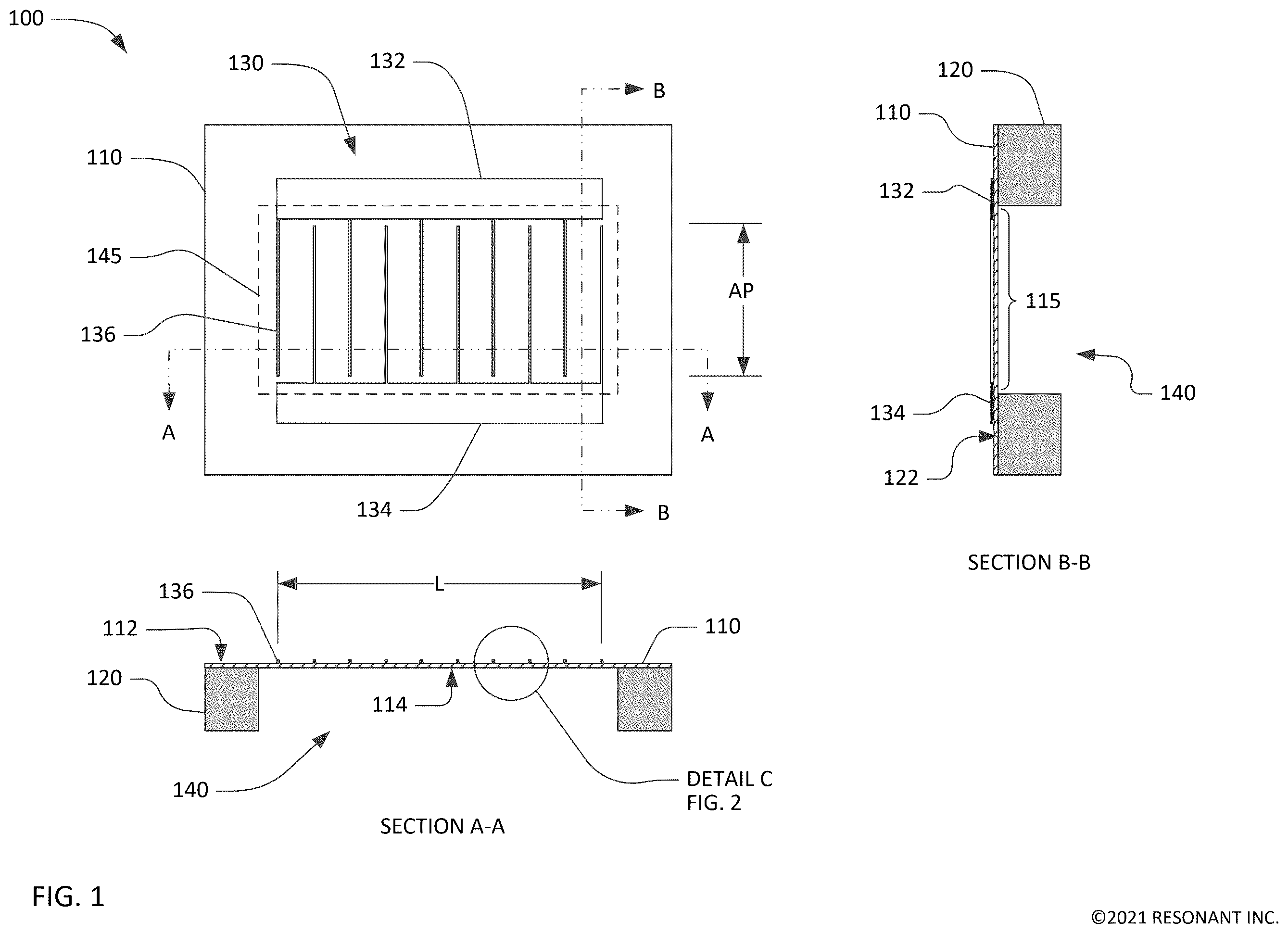 Patent US12184261 Figure 1 – Transversely-excited film bulk acoustic resonator with a cavity having round end zones