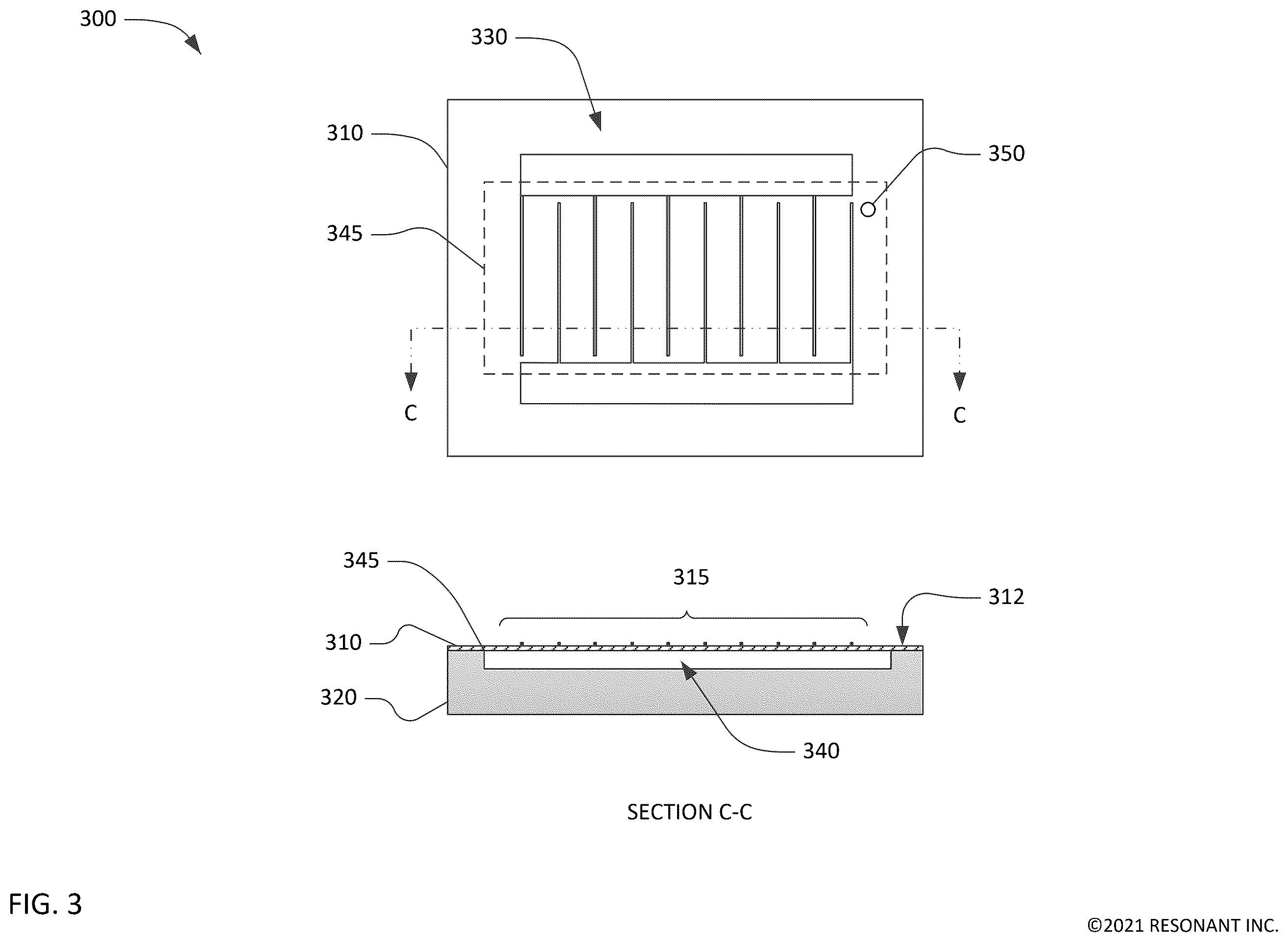 Patent US12184261 Figure 3 – Transversely-excited film bulk acoustic resonator with a cavity having round end zones