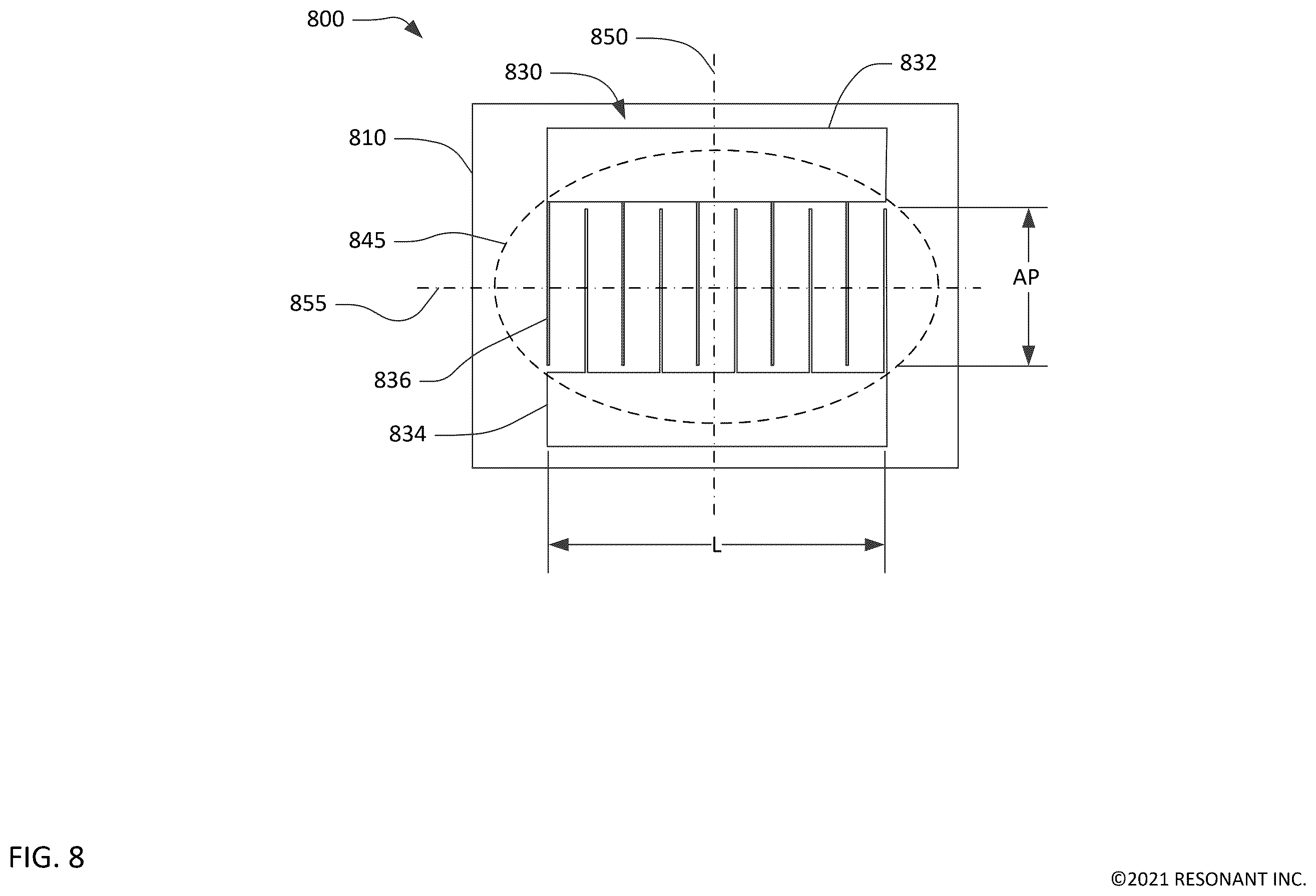 Patent US12184261 Figure 8 – Transversely-excited film bulk acoustic resonator with a cavity having round end zones