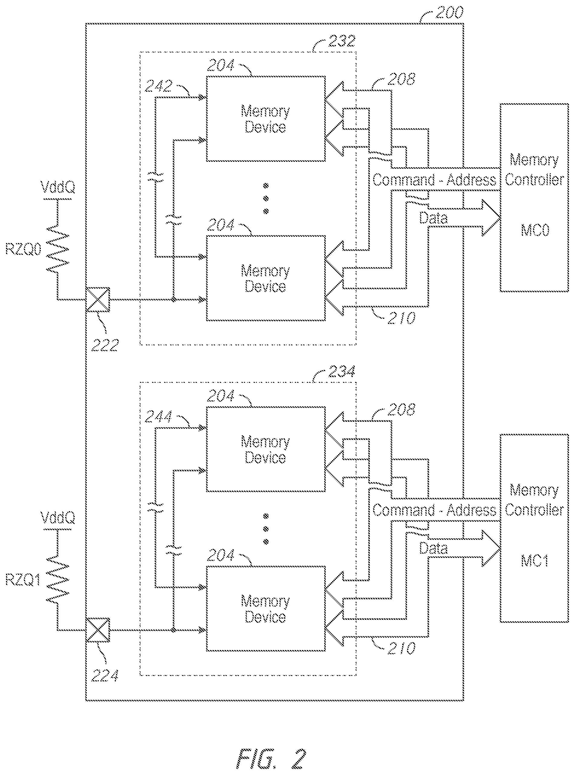 Patent US12184280 Figure 2 – Apparatuses and methods for identifying memory devices of a semiconductor device sharing an external resistance