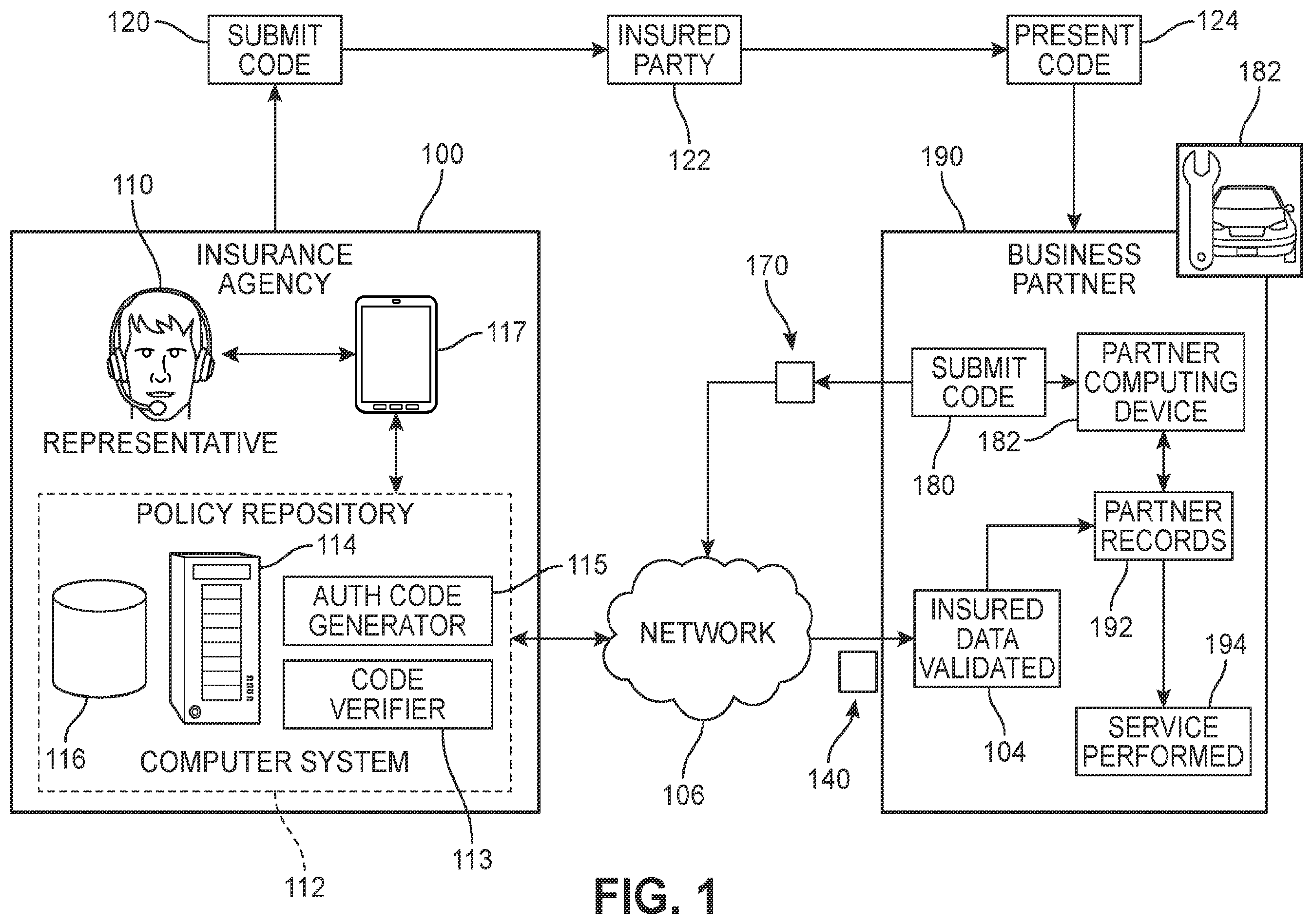 Patent US12184630 Figure 1 – Insurance record repository authentication system and method