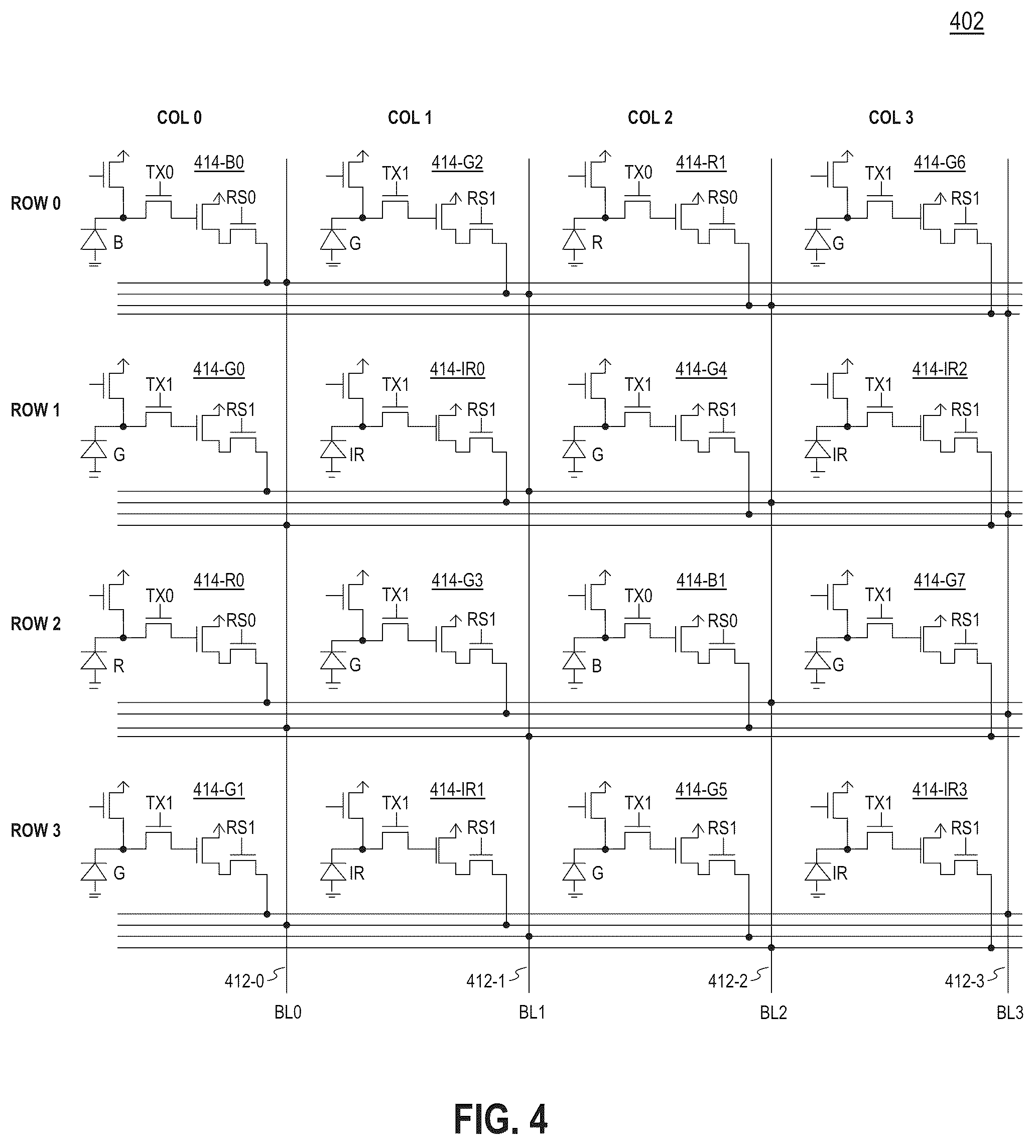 Patent US12184956 Figure 4 – Color-infrared sensor with a low power binning readout mode