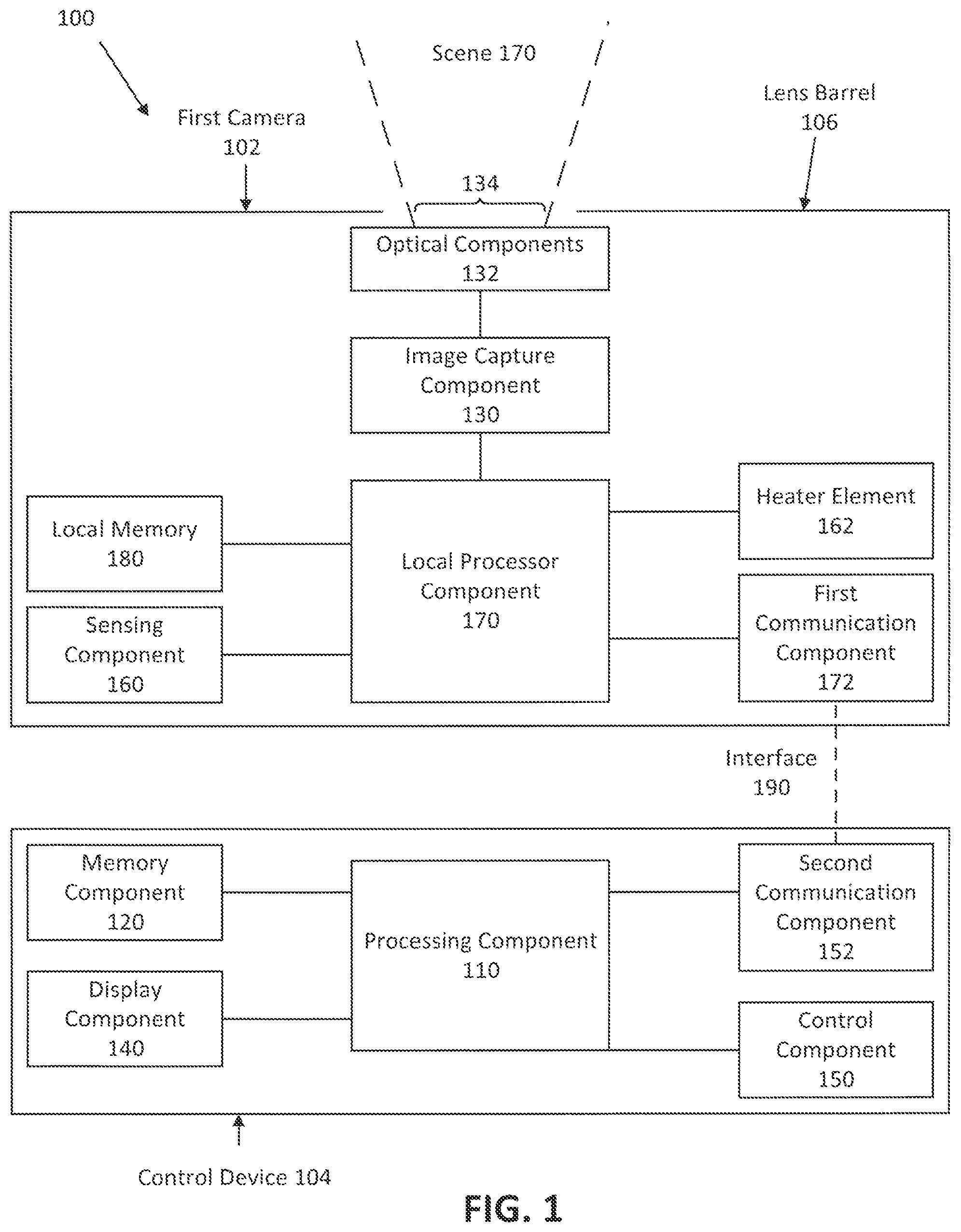 Patent US12184958 Figure 1 – Integrated camera with embedded heater systems and methods