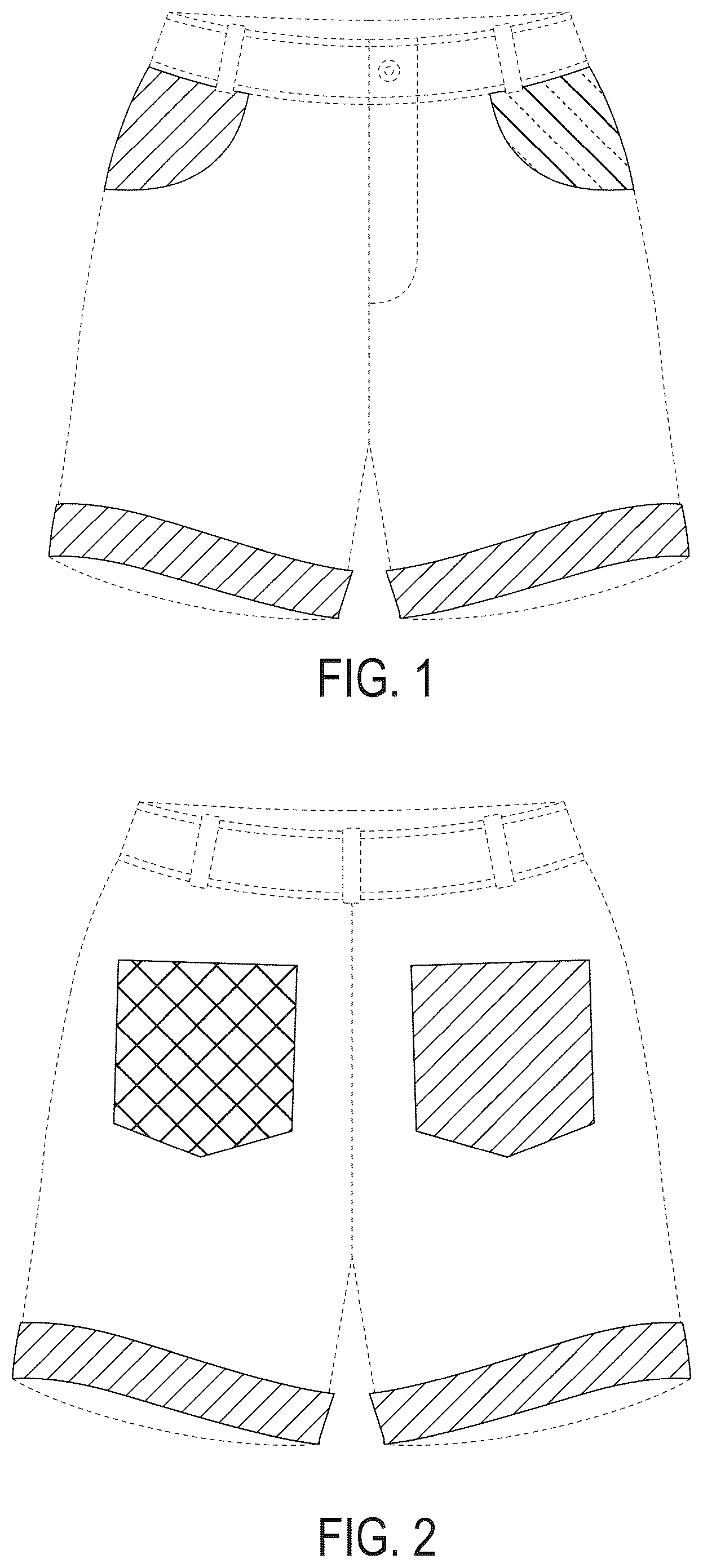 Patent USD1043039 Figure 1 – Shorts having contrasting regions