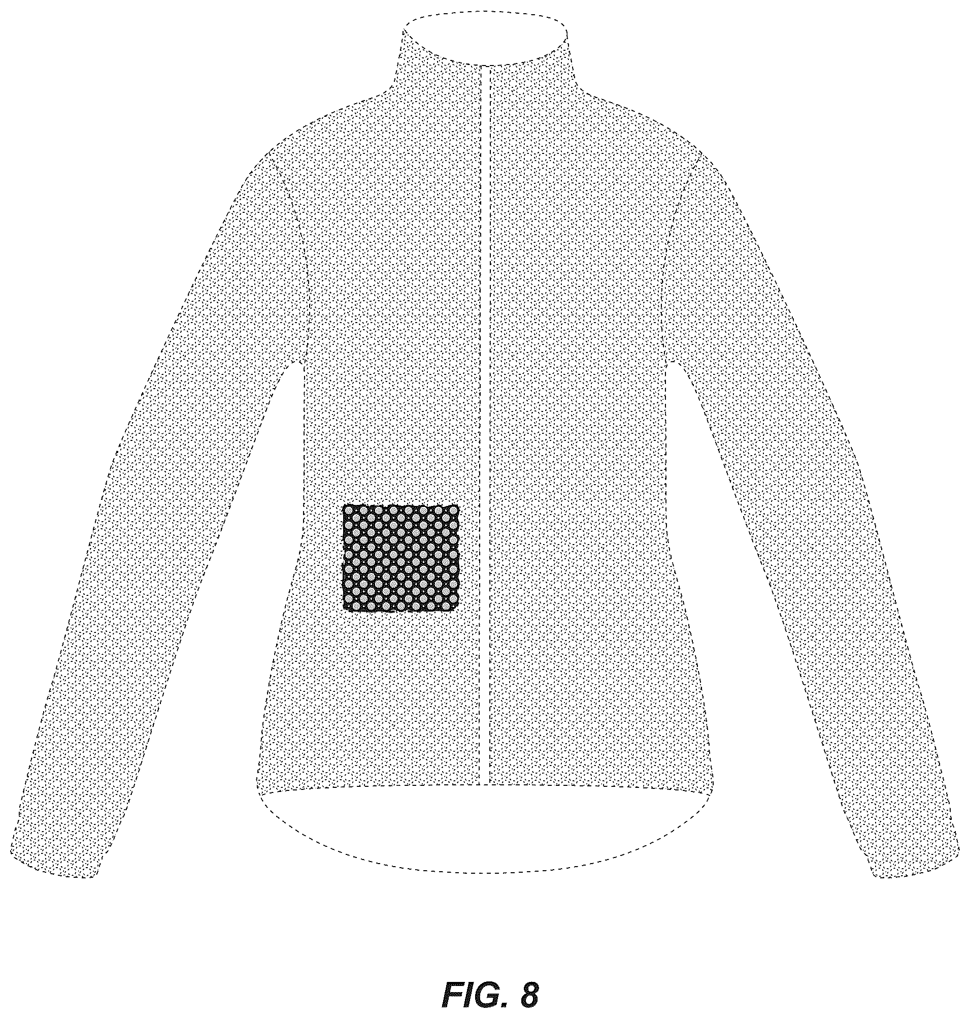 Patent USD1043044 Figure 8 – Patterned material for body wear and gear