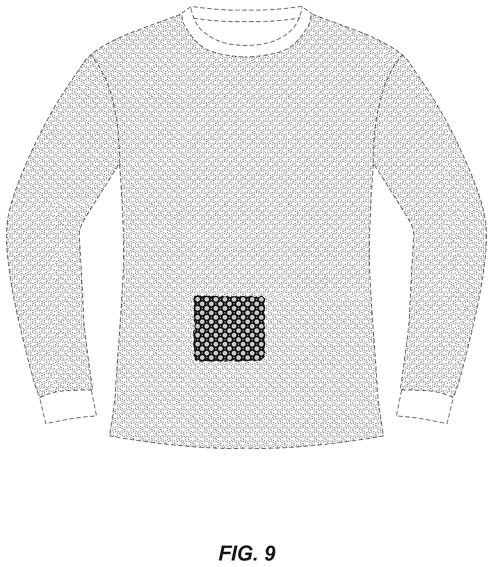 Patent USD1043044 Figure 9 – Patterned material for body wear and gear