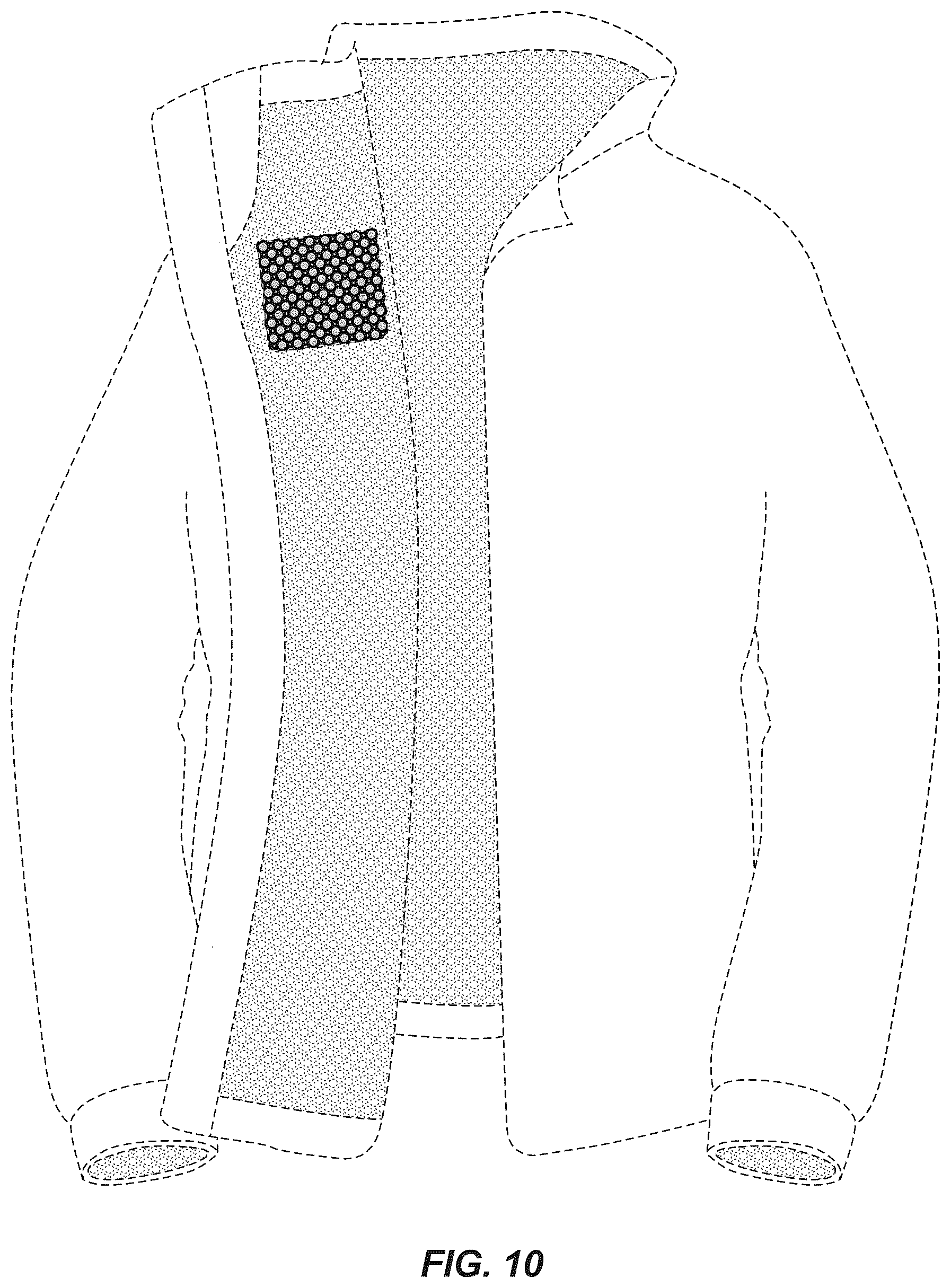 Patent USD1043044 Figure 10 – Patterned material for body wear and gear