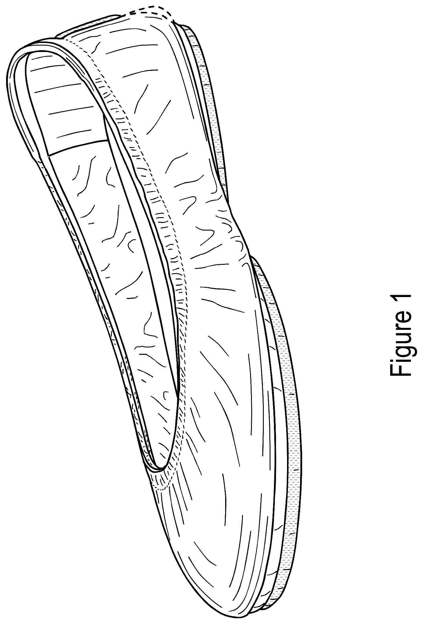 Patent USD1043063 — Dual-sole shoe with purple stripe and outsole patch — Figure 1