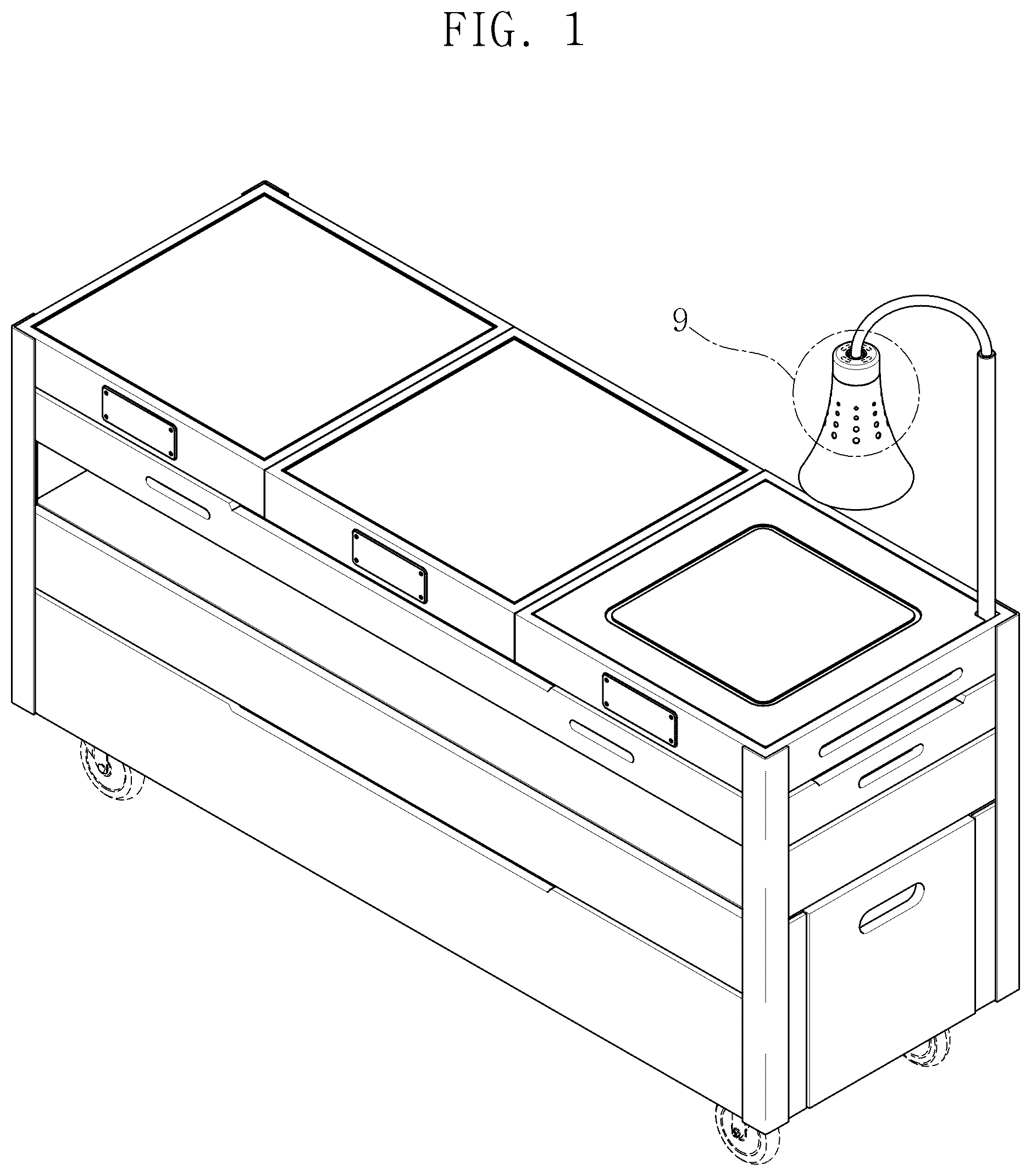Patent USD1043228 Figure 1 – Cooking cart