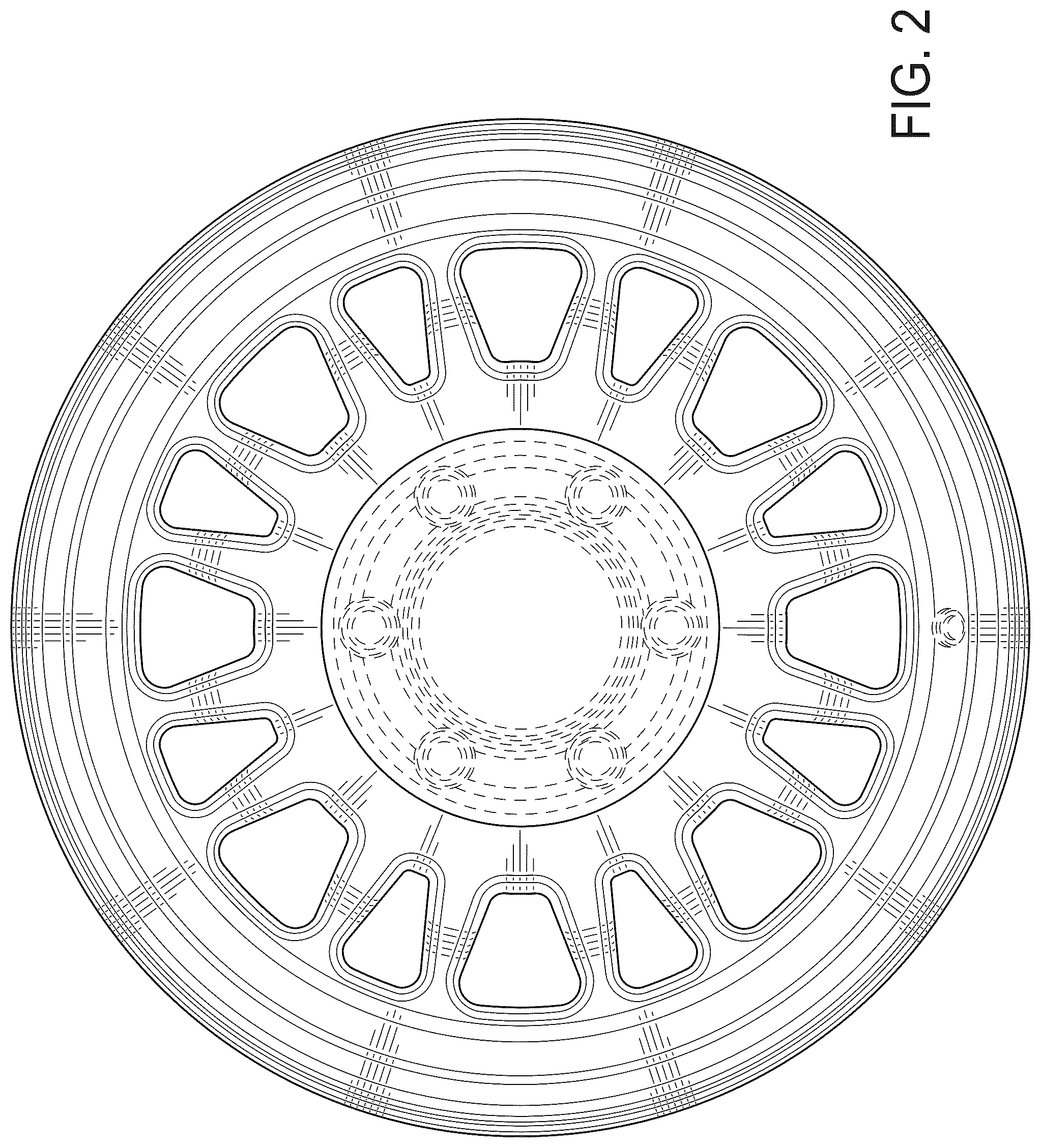Patent USD1043510 Figure 2 – Vehicle wheel front face