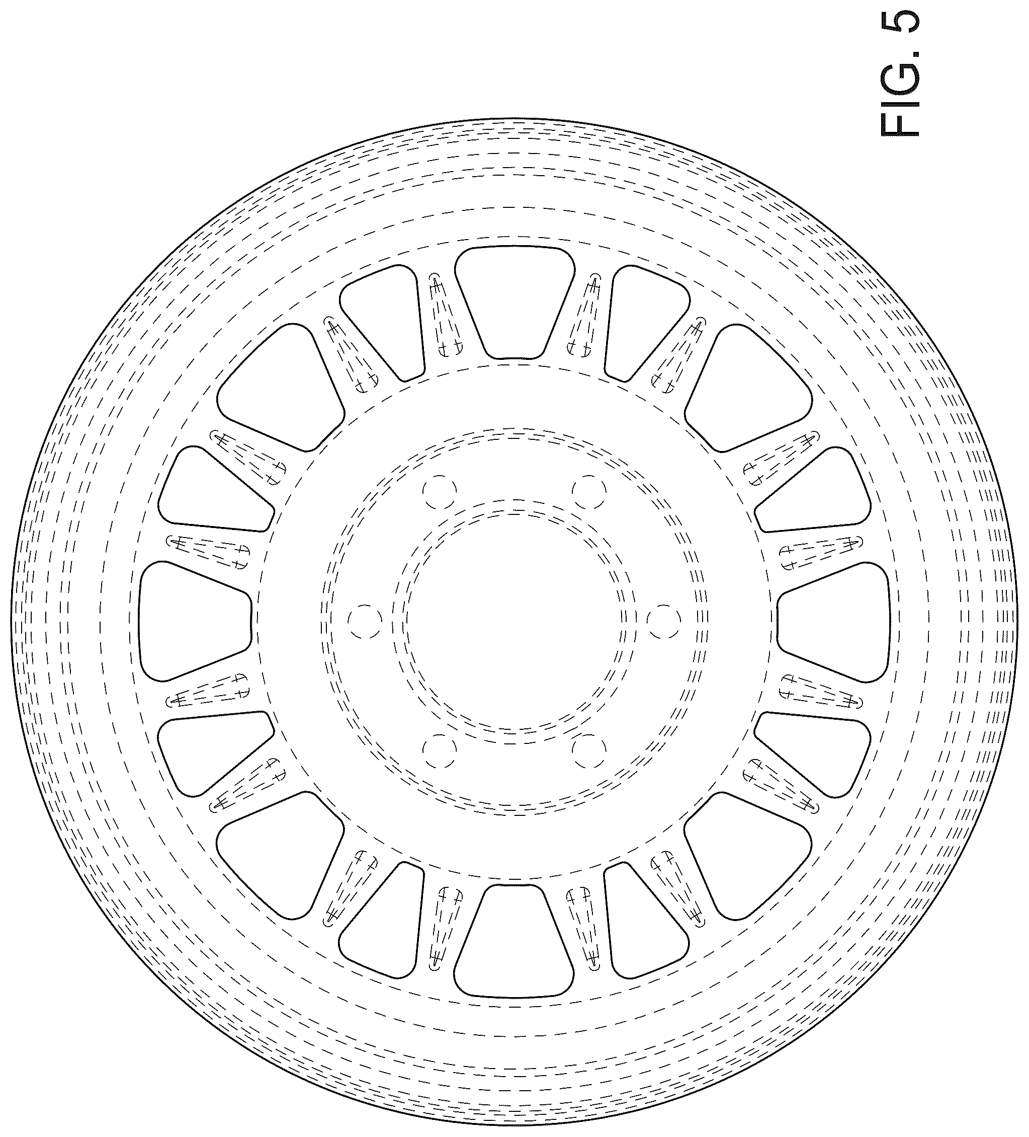 Patent USD1043510 Figure 5 – Vehicle wheel front face