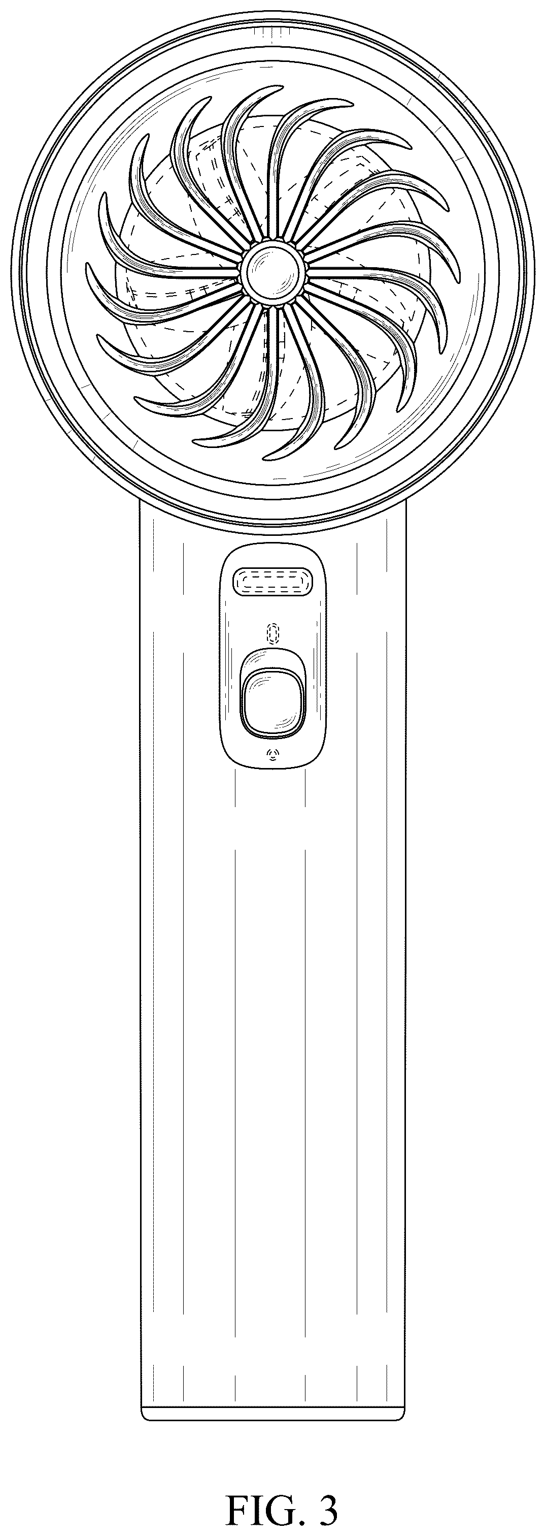 Patent USD1043945 Figure 3 – Hand-held fan