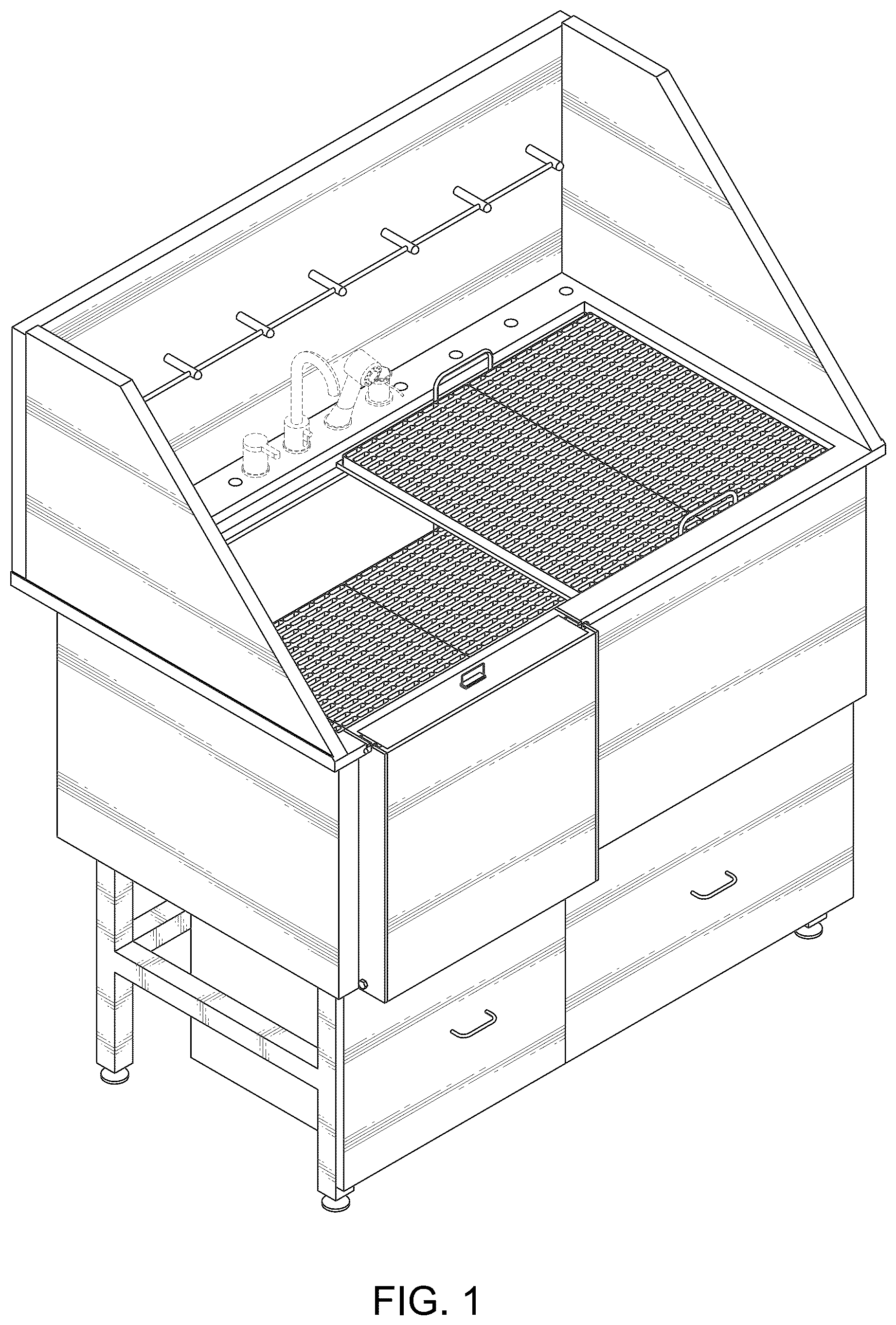 Patent USD1044159 Figure 1 – Pet grooming station