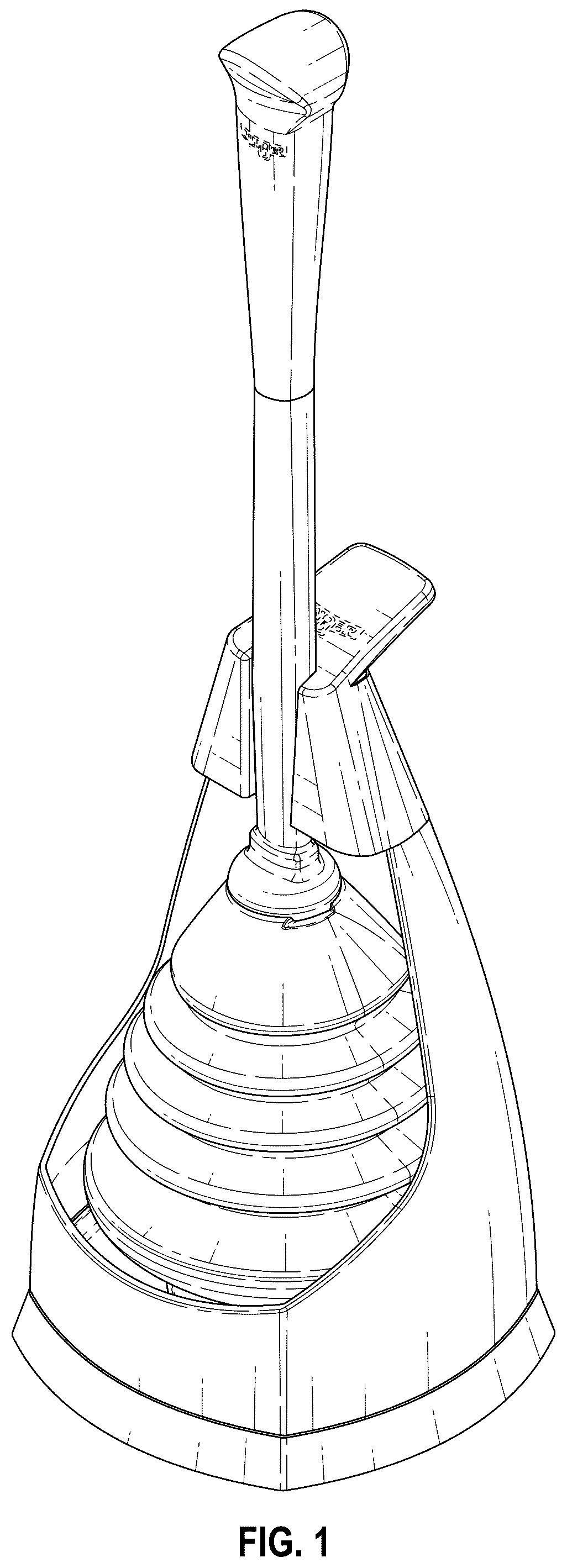 Patent USD1044175 Figure 1 – Combined toilet plunger and caddy