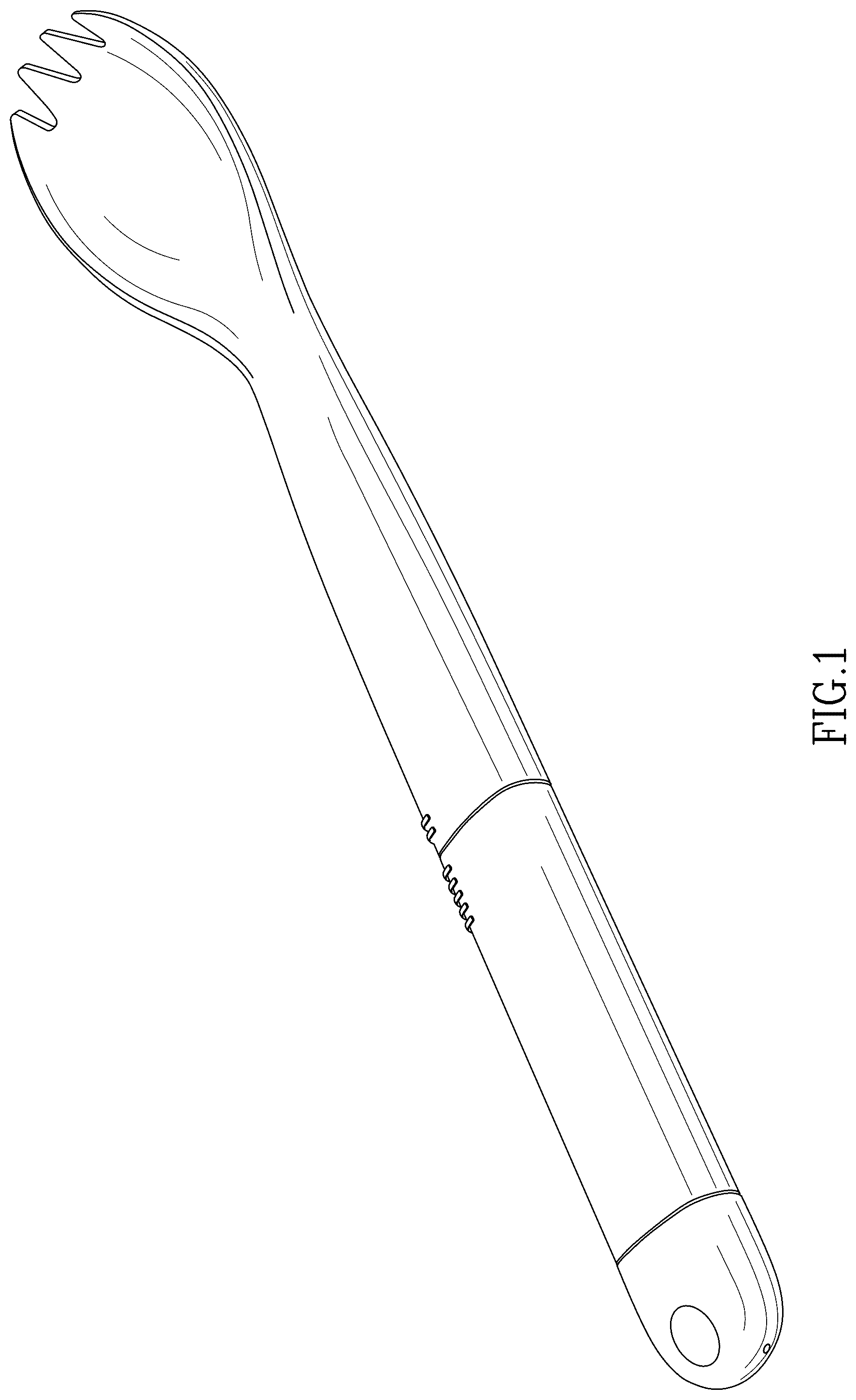 Patent USD1044423 Figure 1 – Combined spork, knife, and fire starter