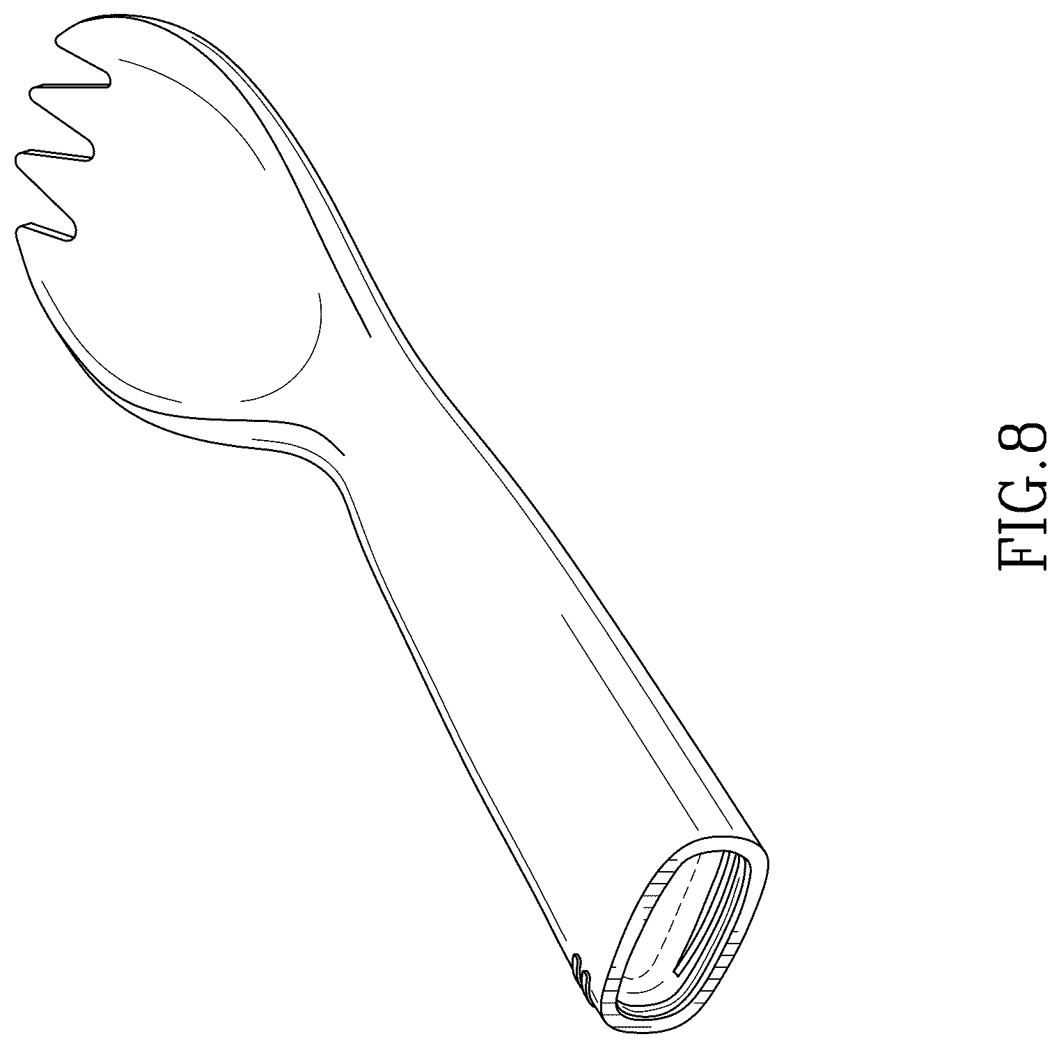 Patent USD1044423 Figure 5 – Combined spork, knife, and fire starter