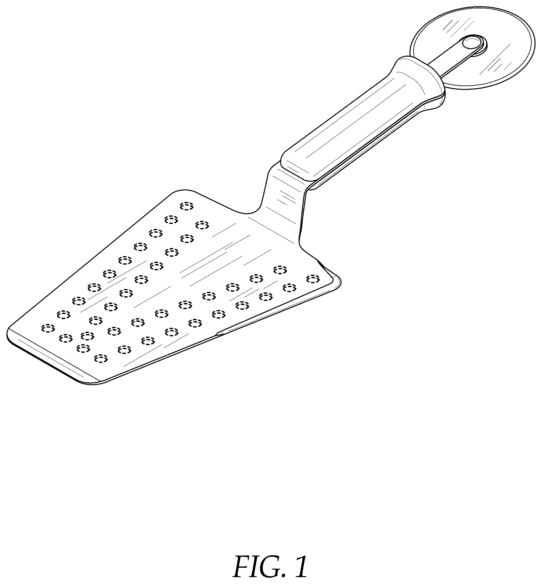 Patent USD1044428 Figure 1 – Pizza cutting and serving utensil