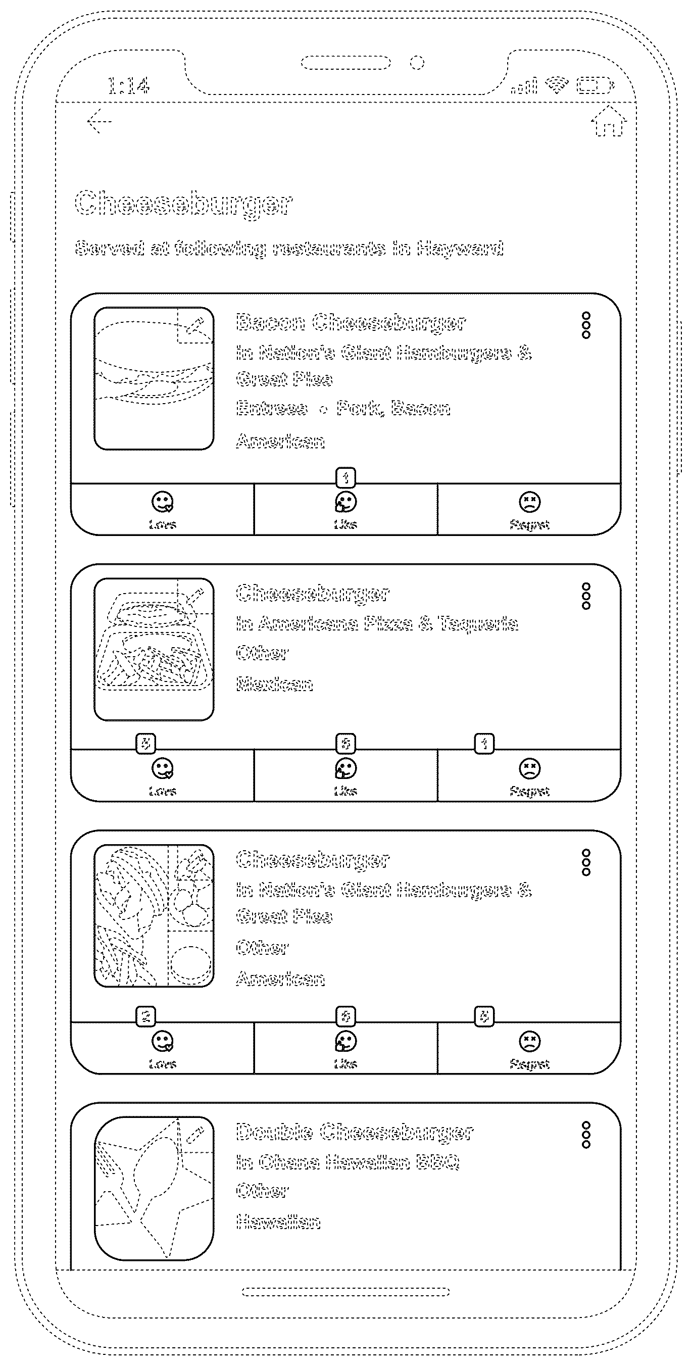 Patent USD1044841 Figure 1 – Computing device display screen with graphical user interface for a food rating and display system