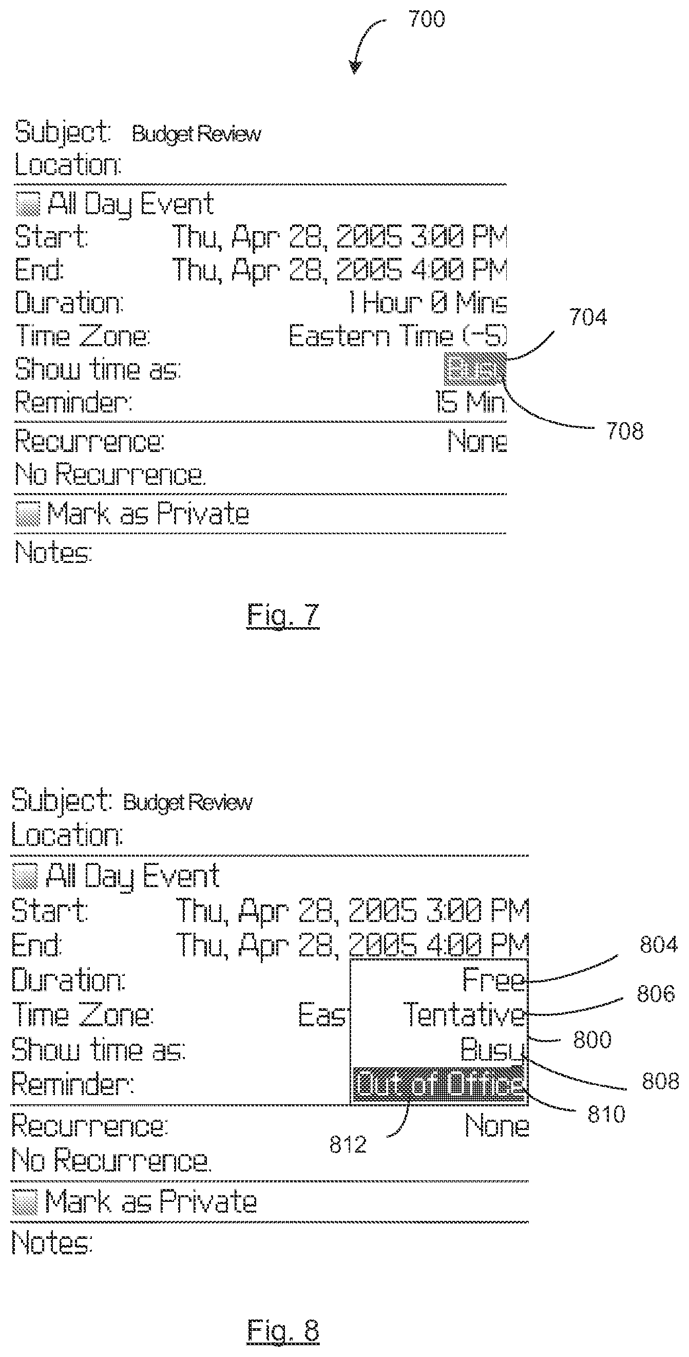 Patent USRE050149 Figure 5 – Free busy calendar interface
