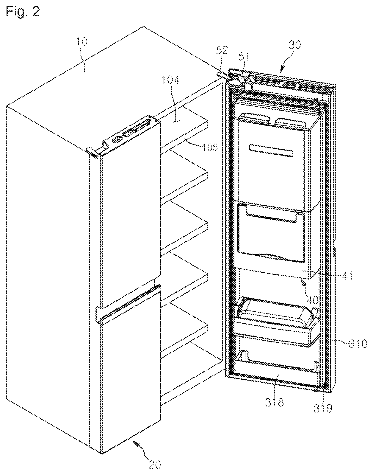 Patent USRE050154 Figure 2 – Refrigerator including multiple storage compartments