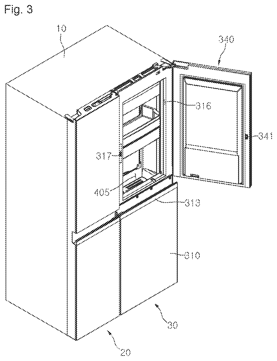 Patent USRE050154 Figure 3 – Refrigerator including multiple storage compartments