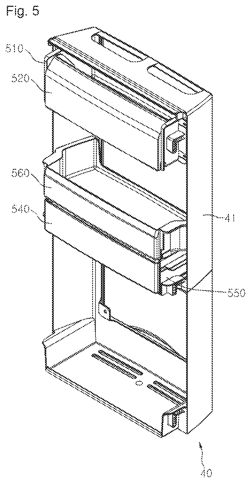 Patent USRE050154 Figure 5 – Refrigerator including multiple storage compartments