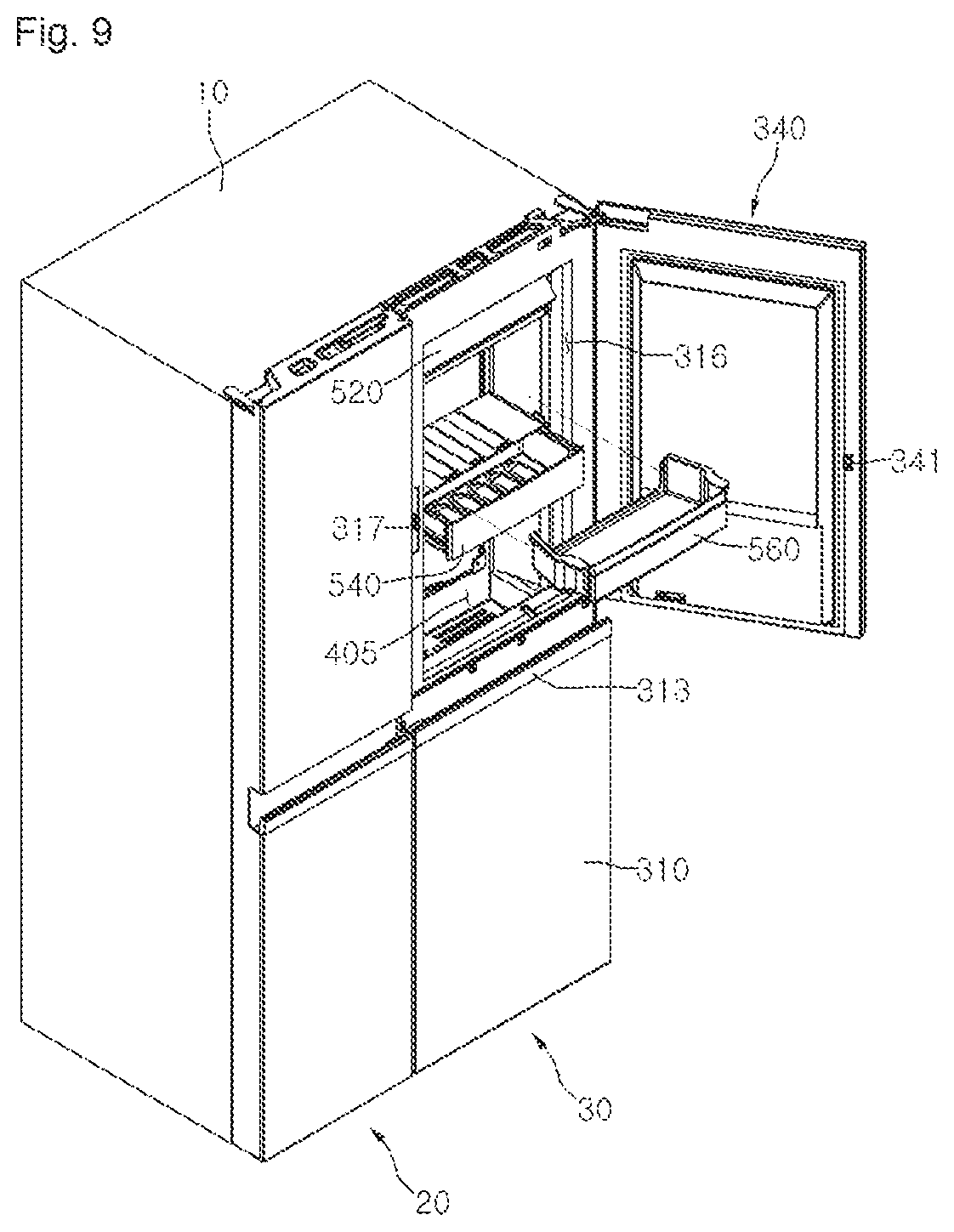 Patent USRE050154 Figure 9 – Refrigerator including multiple storage compartments
