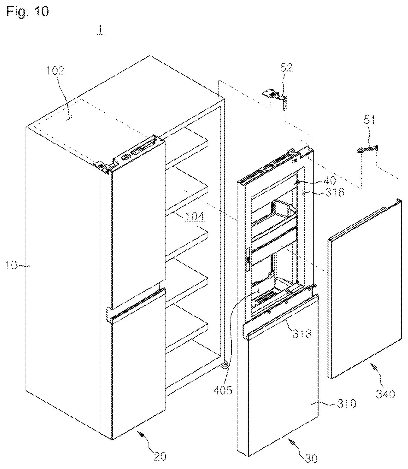 Patent USRE050154 Figure 10 – Refrigerator including multiple storage compartments