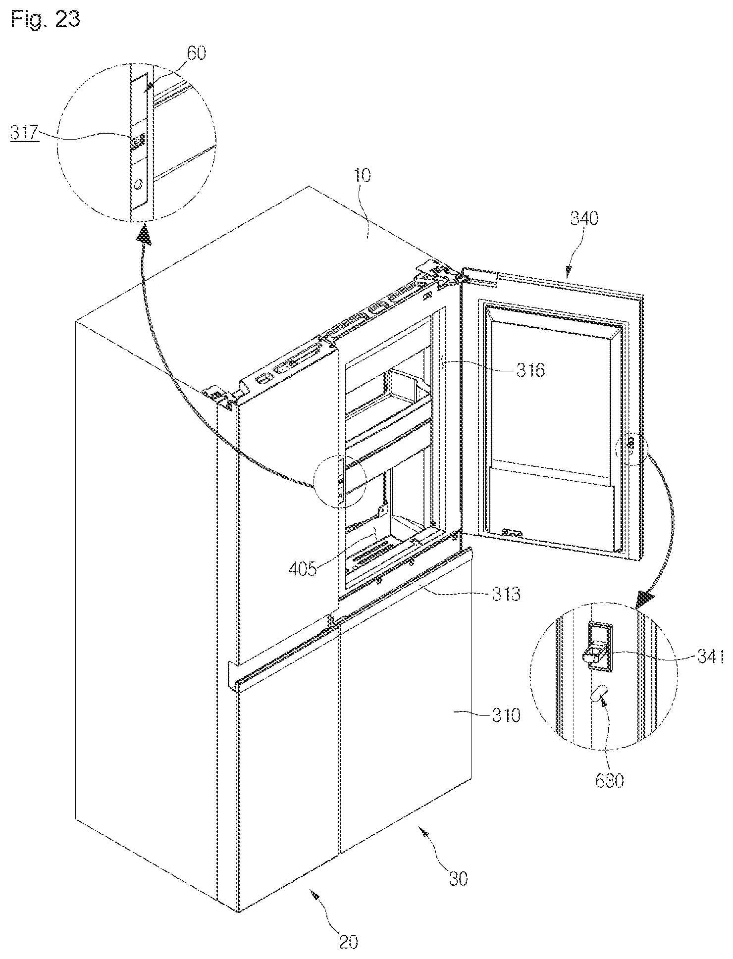 Patent USRE050154 Figure 19 – Refrigerator including multiple storage compartments