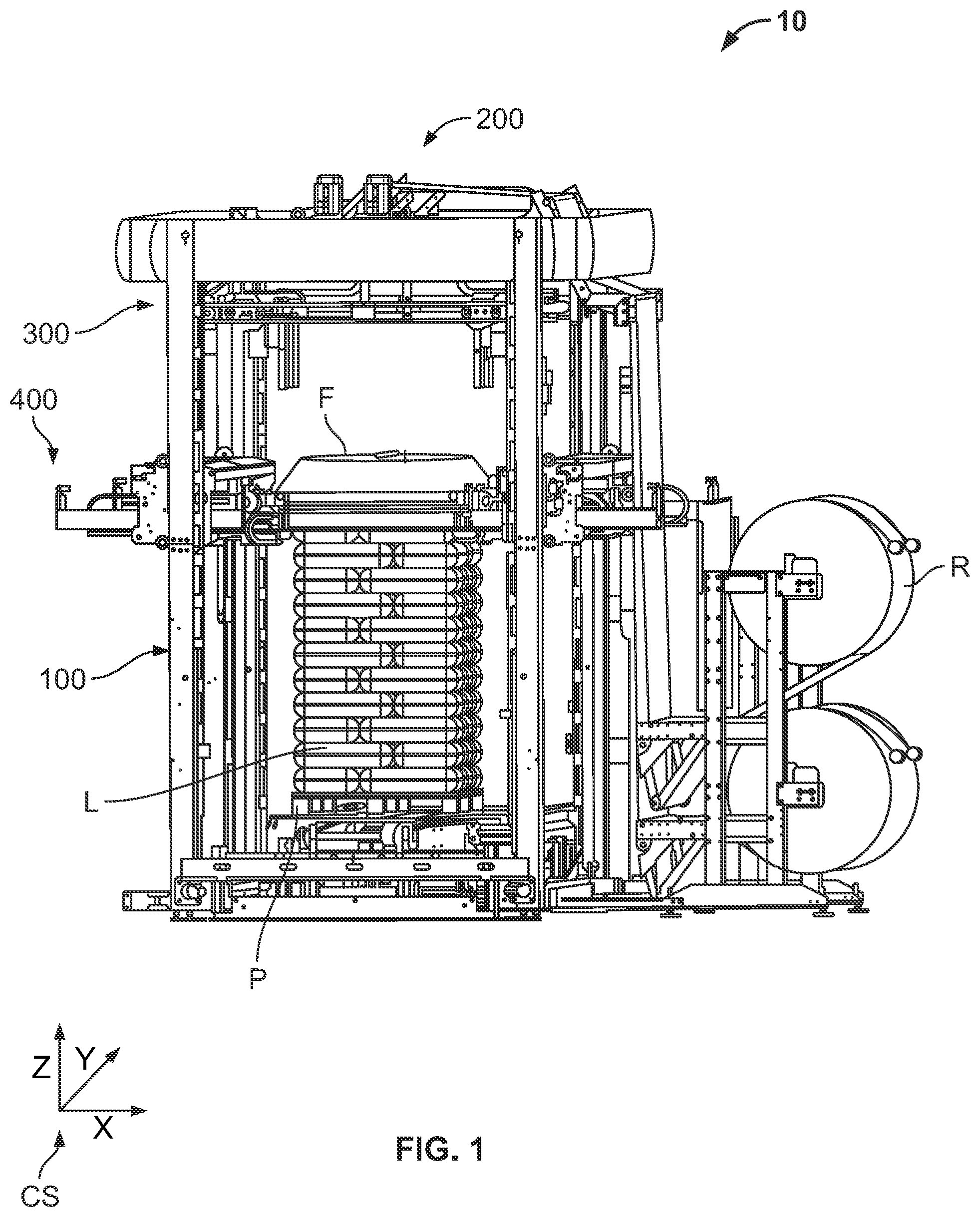Patent US12297002 Figure 1 – Stretch-hood machine with film-evaluation feature