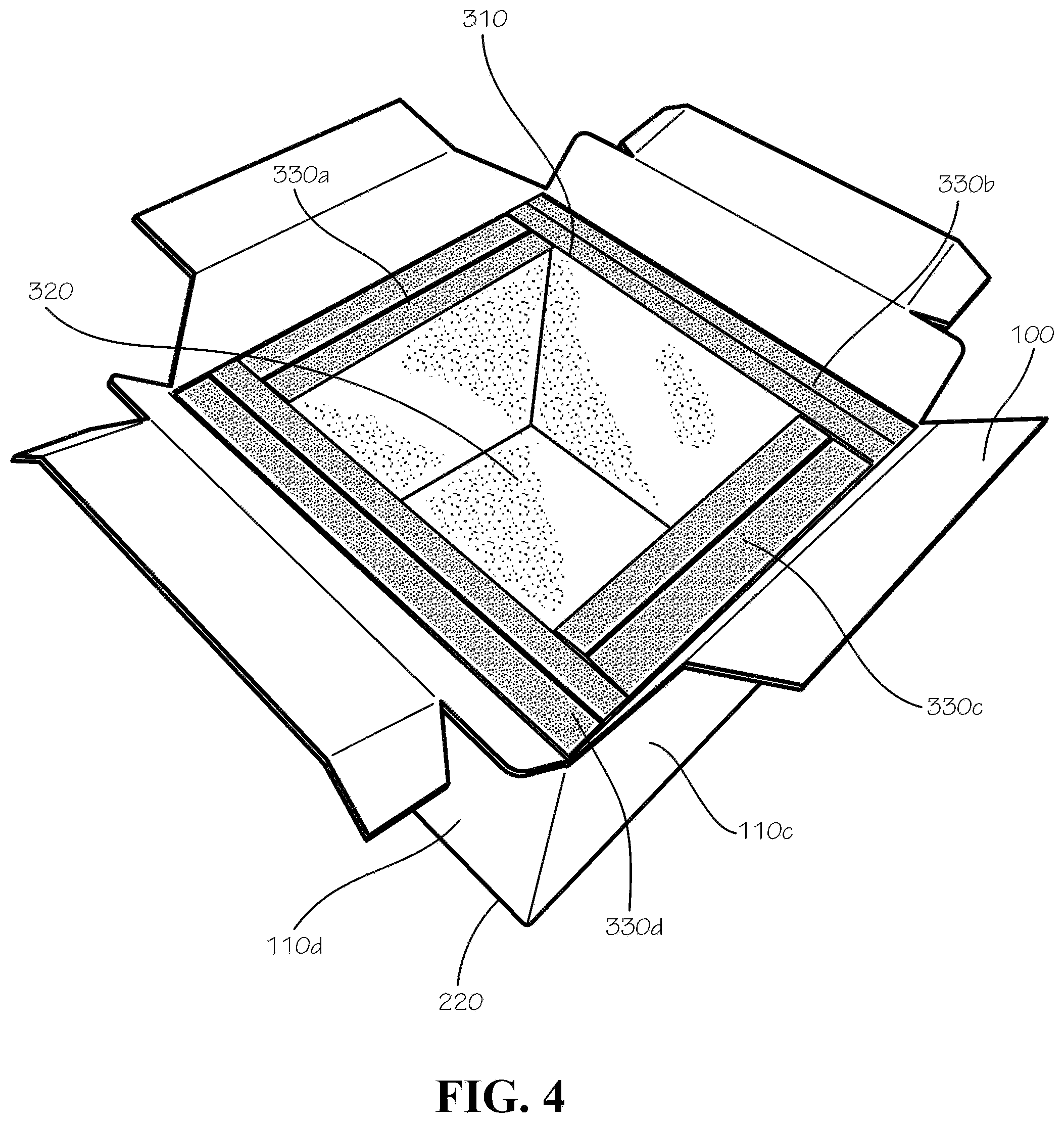 Patent US12297016 Figure 4 – Insulated box assembly with overlapping panels
