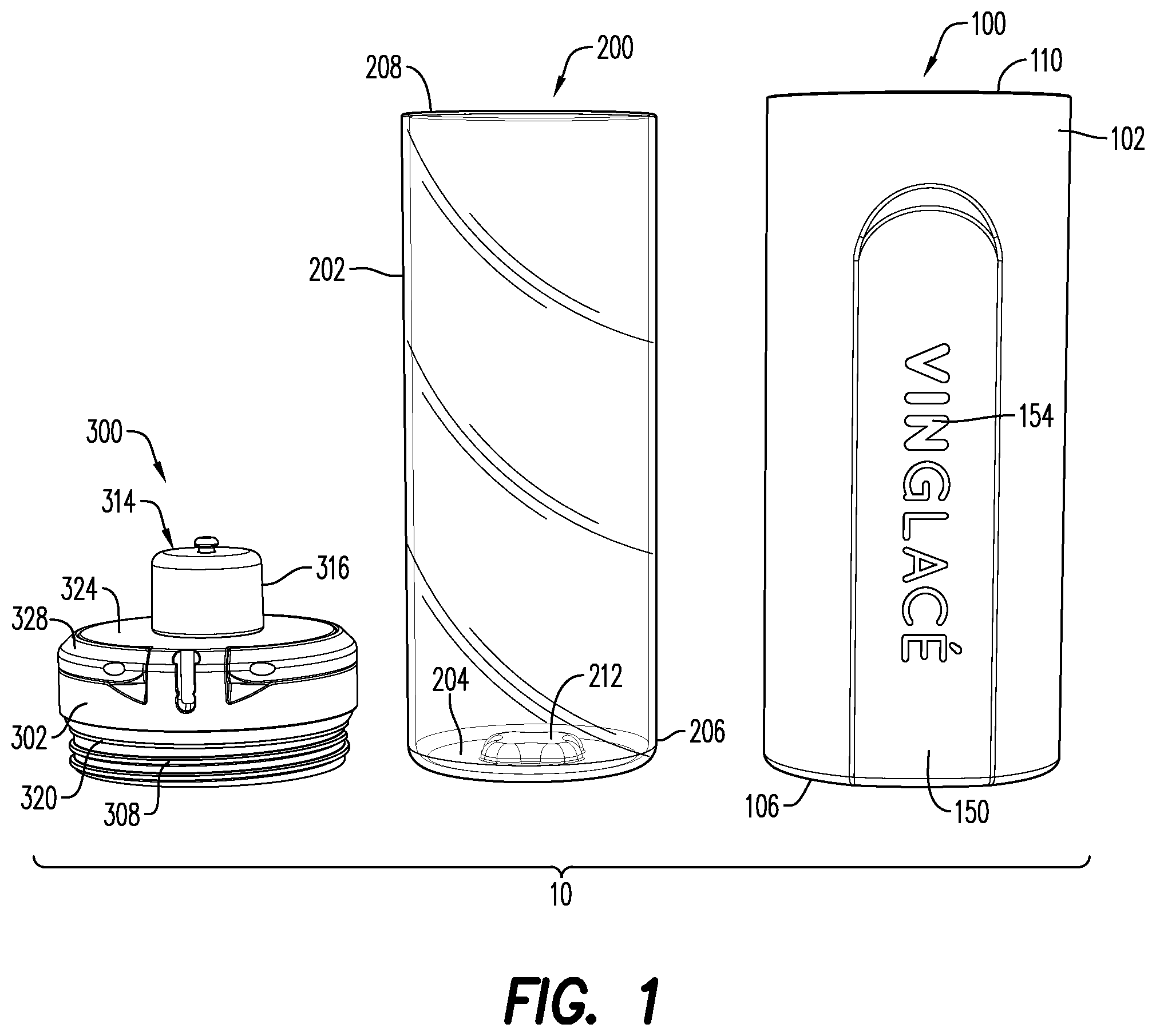 Patent US12297024 Figure 1 – Container with an inner body, an outer body, and a detachable cover