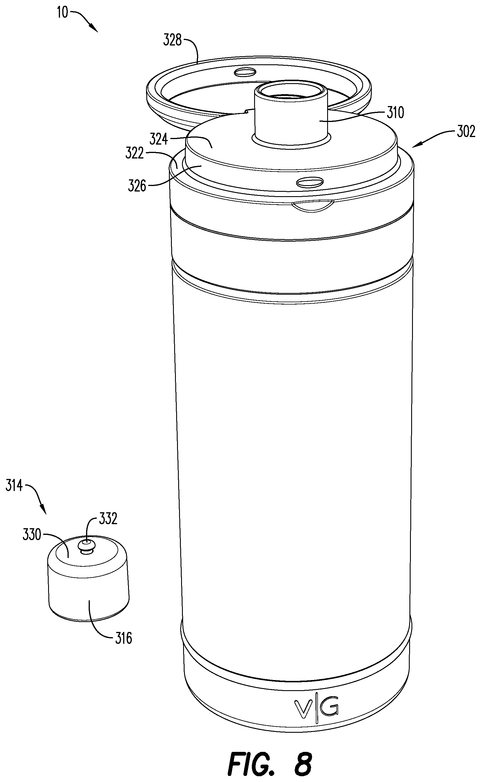 Patent US12297024 Figure 5 – Container with an inner body, an outer body, and a detachable cover
