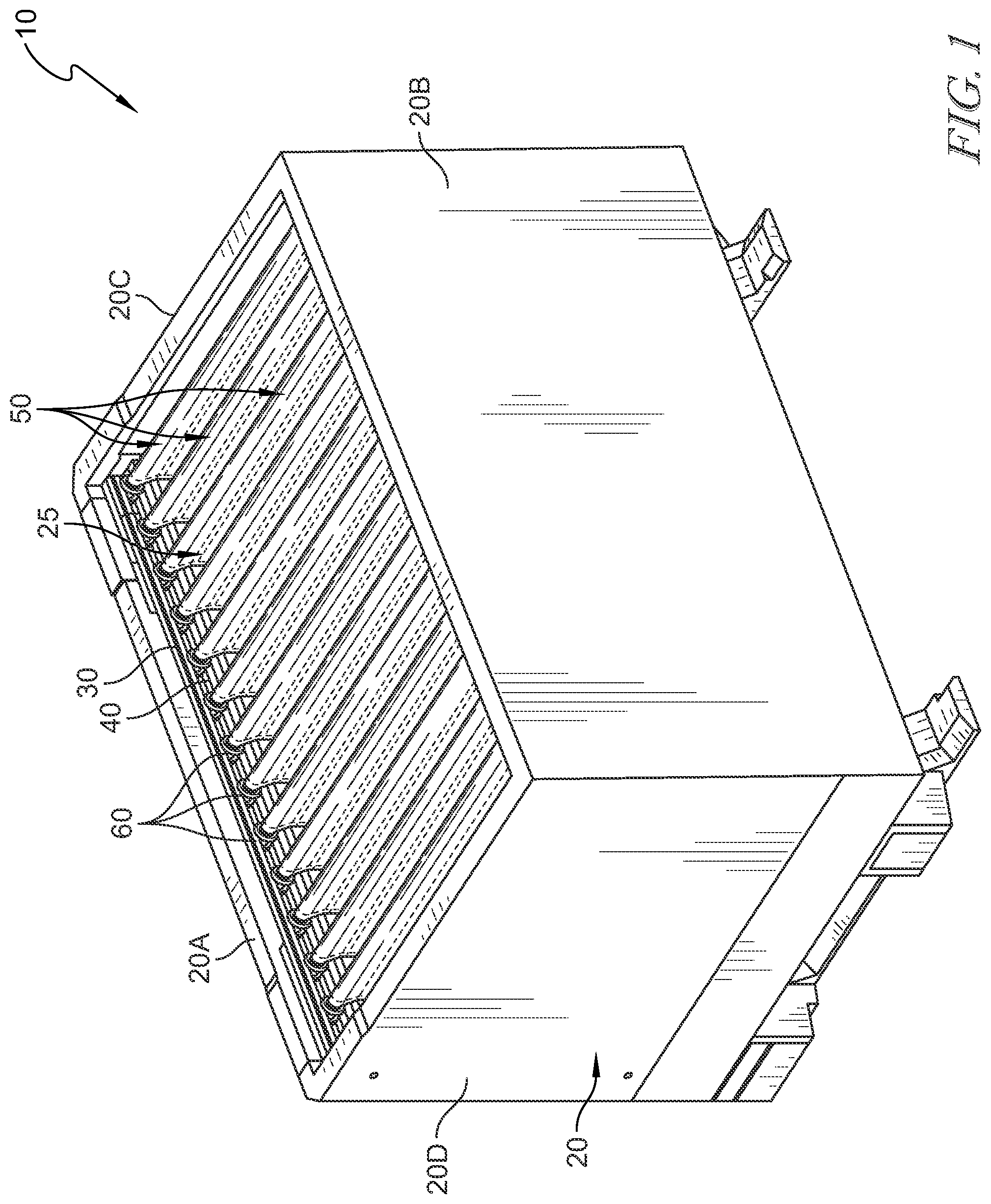 Patent US12297029 Figure 1 – Dunnage arrangement including cargo pouches with staggered support members