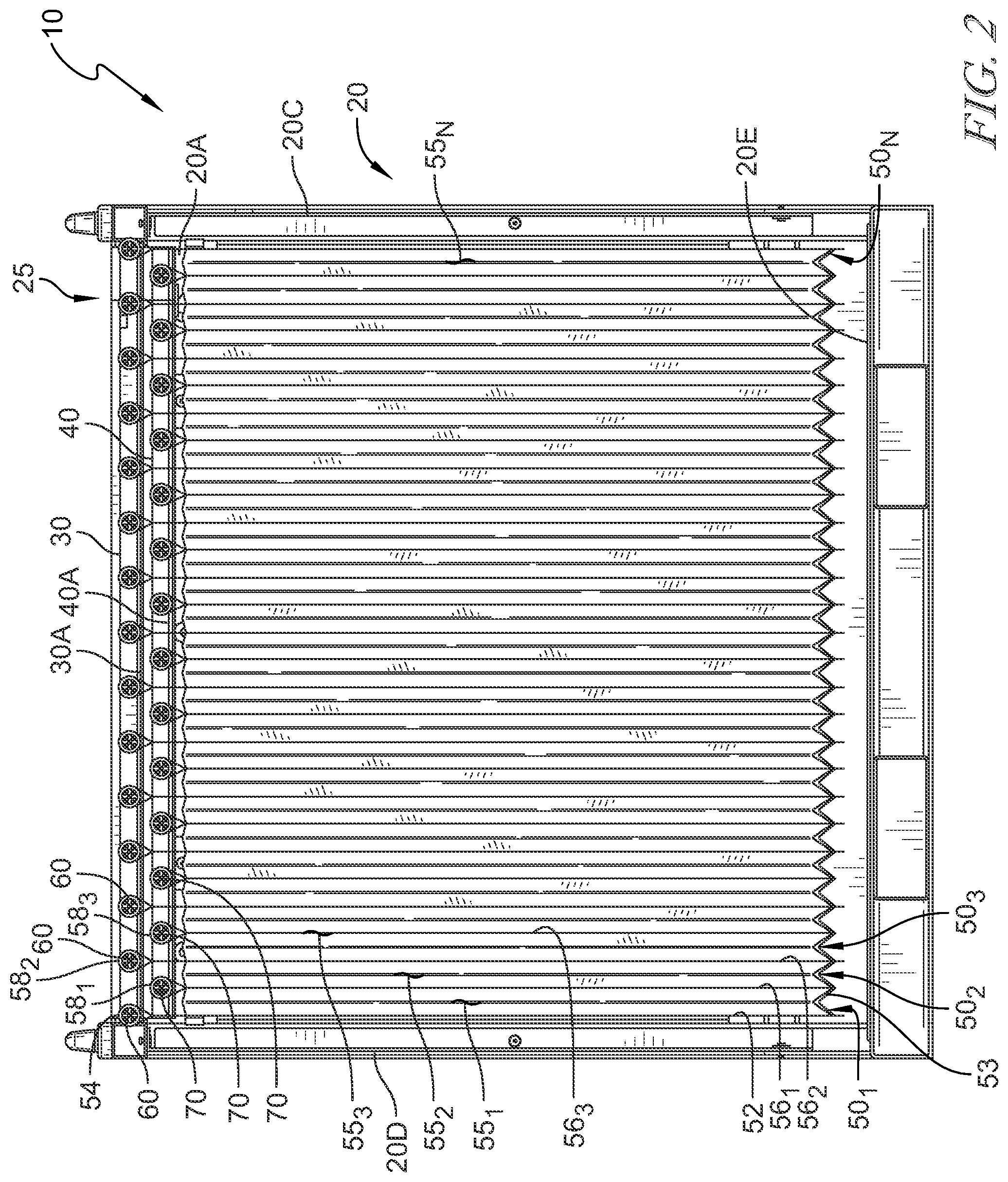 Patent US12297029 Figure 2 – Dunnage arrangement including cargo pouches with staggered support members