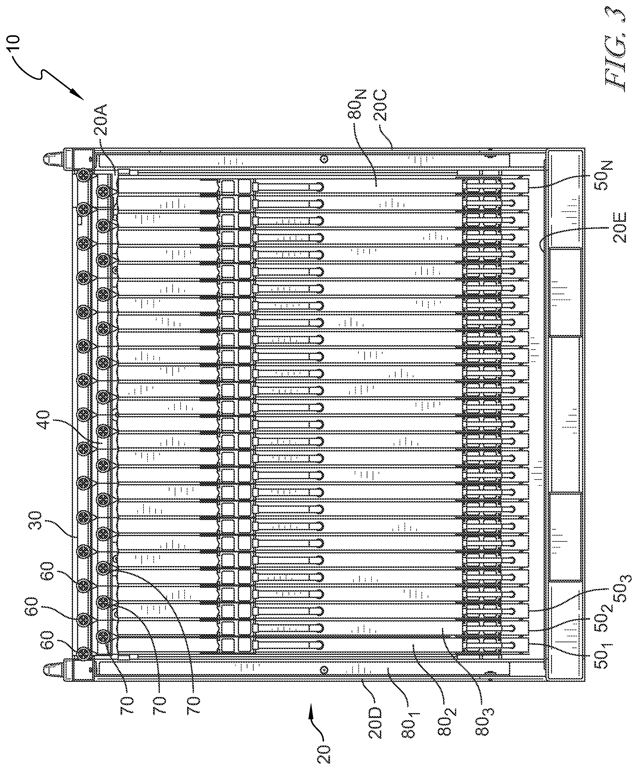 Patent US12297029 Figure 3 – Dunnage arrangement including cargo pouches with staggered support members