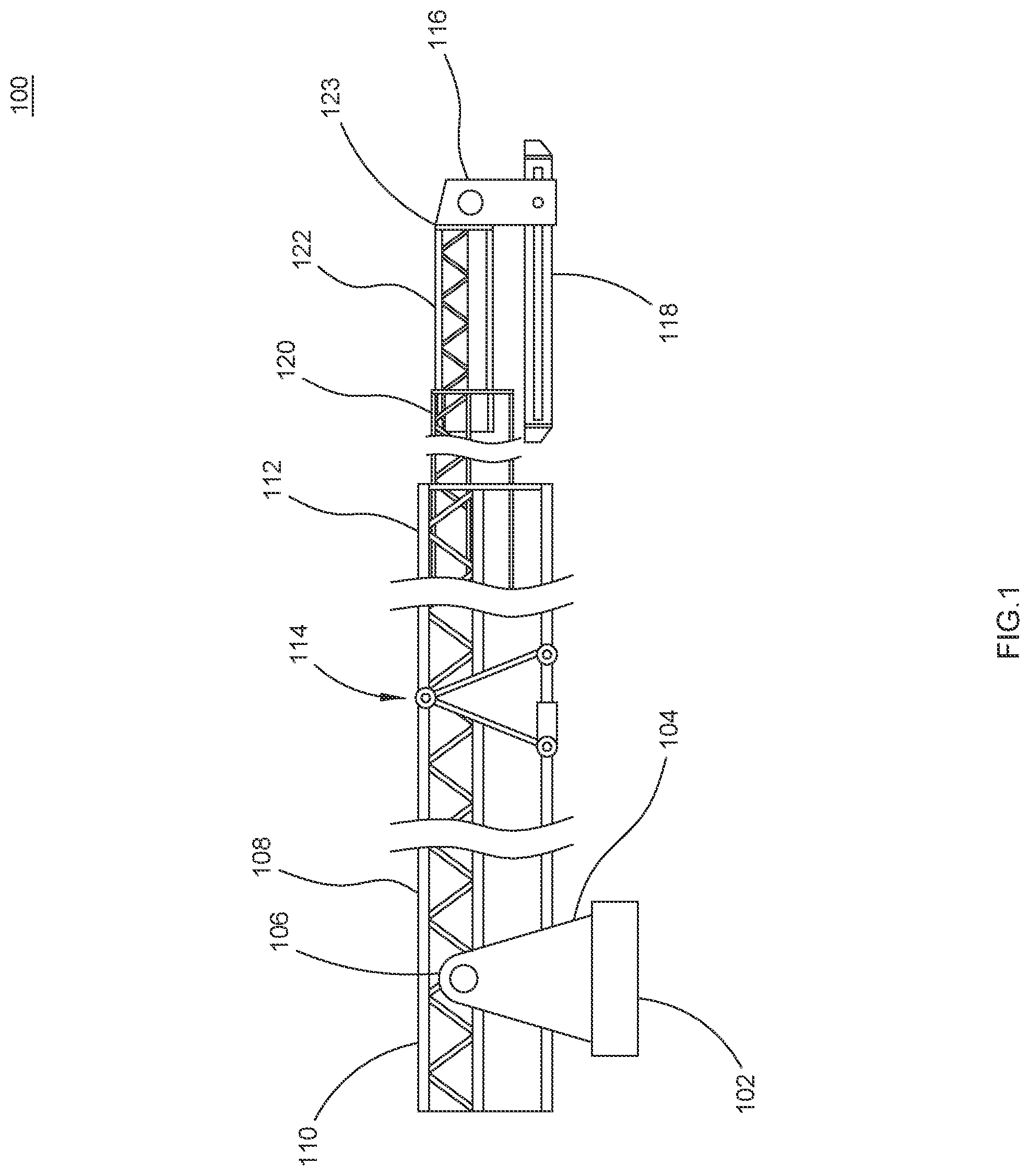 Patent US12297047 Figure 1 – Conveyor boom assembly having reversing distal section