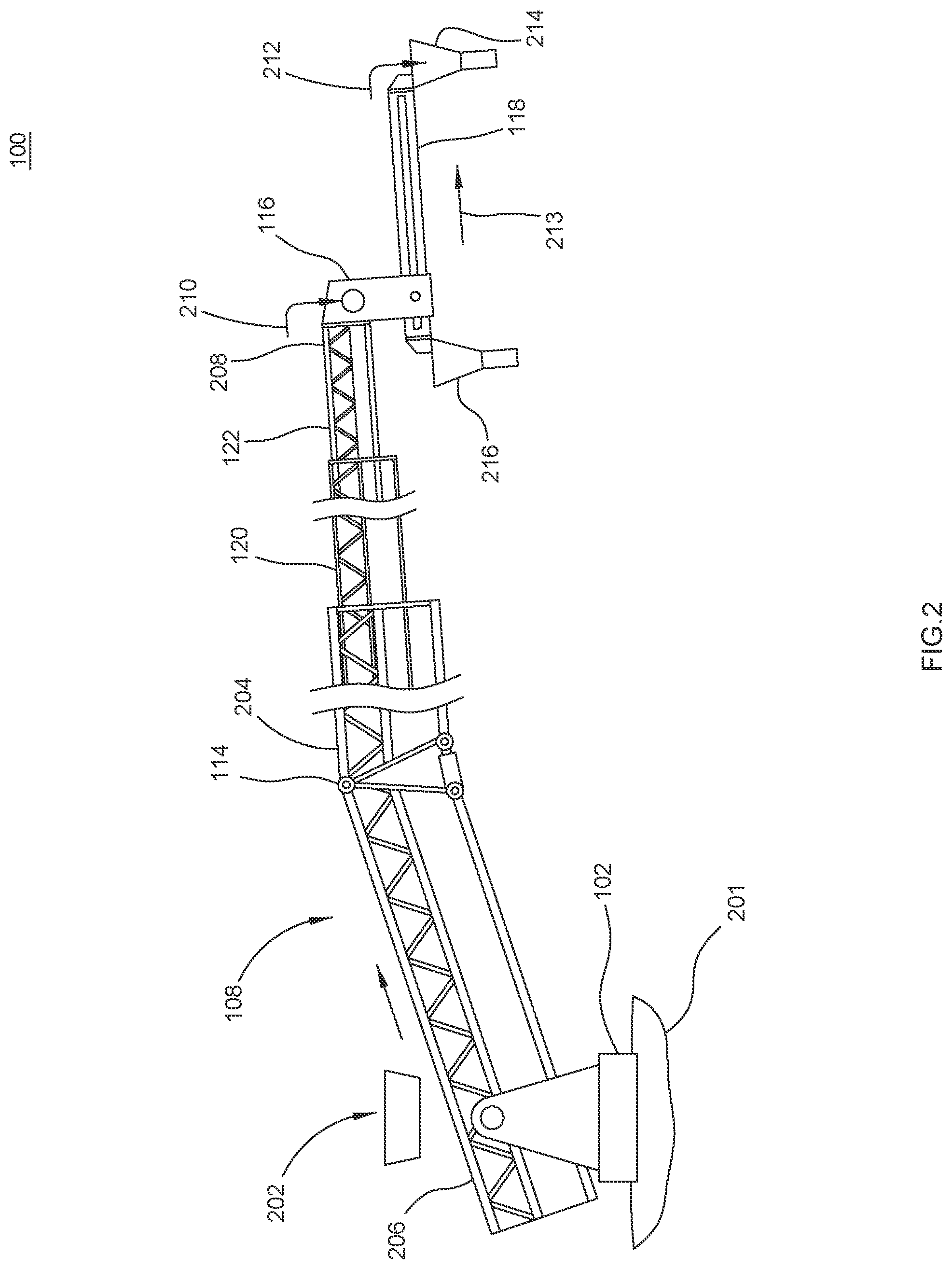 Patent US12297047 Figure 2 – Conveyor boom assembly having reversing distal section