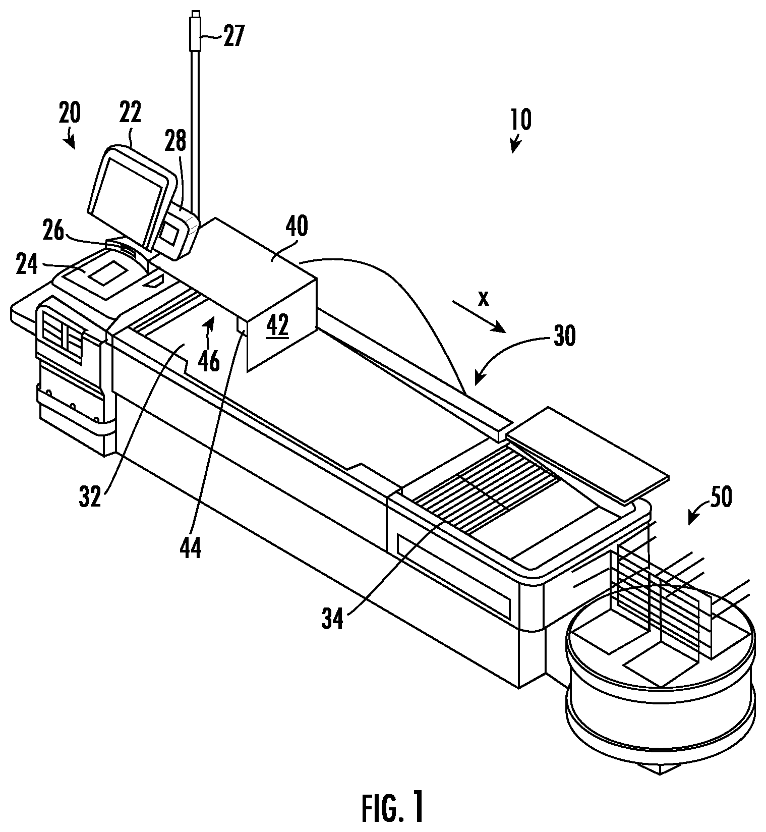 Patent US12297051 Figure 1 – Conveyor safety shield for point-of-sale system