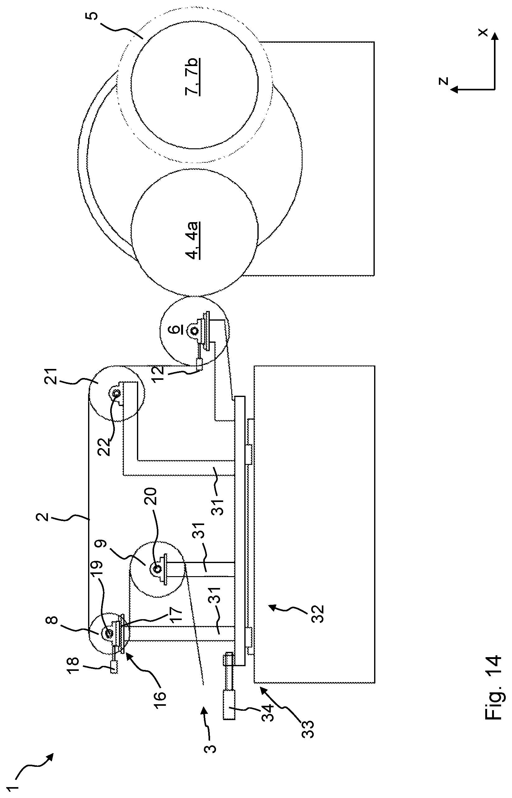 Patent US12297063 Figure 12 – Film winding system and assembly comprising a film stretching unit and such a film winding system