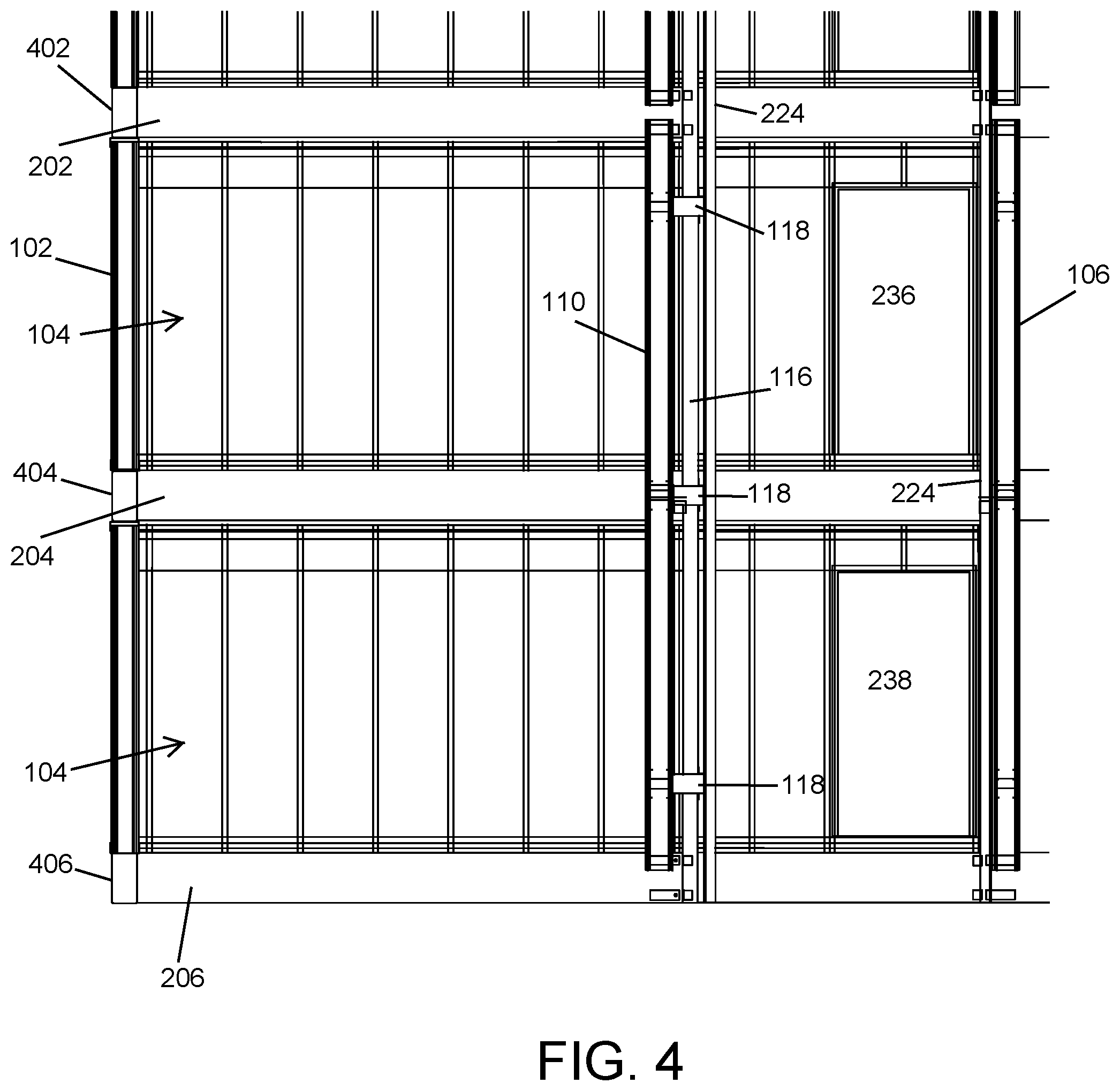 Patent US12297076 Figure 4 – Modular stairwell and elevator shaft system and method