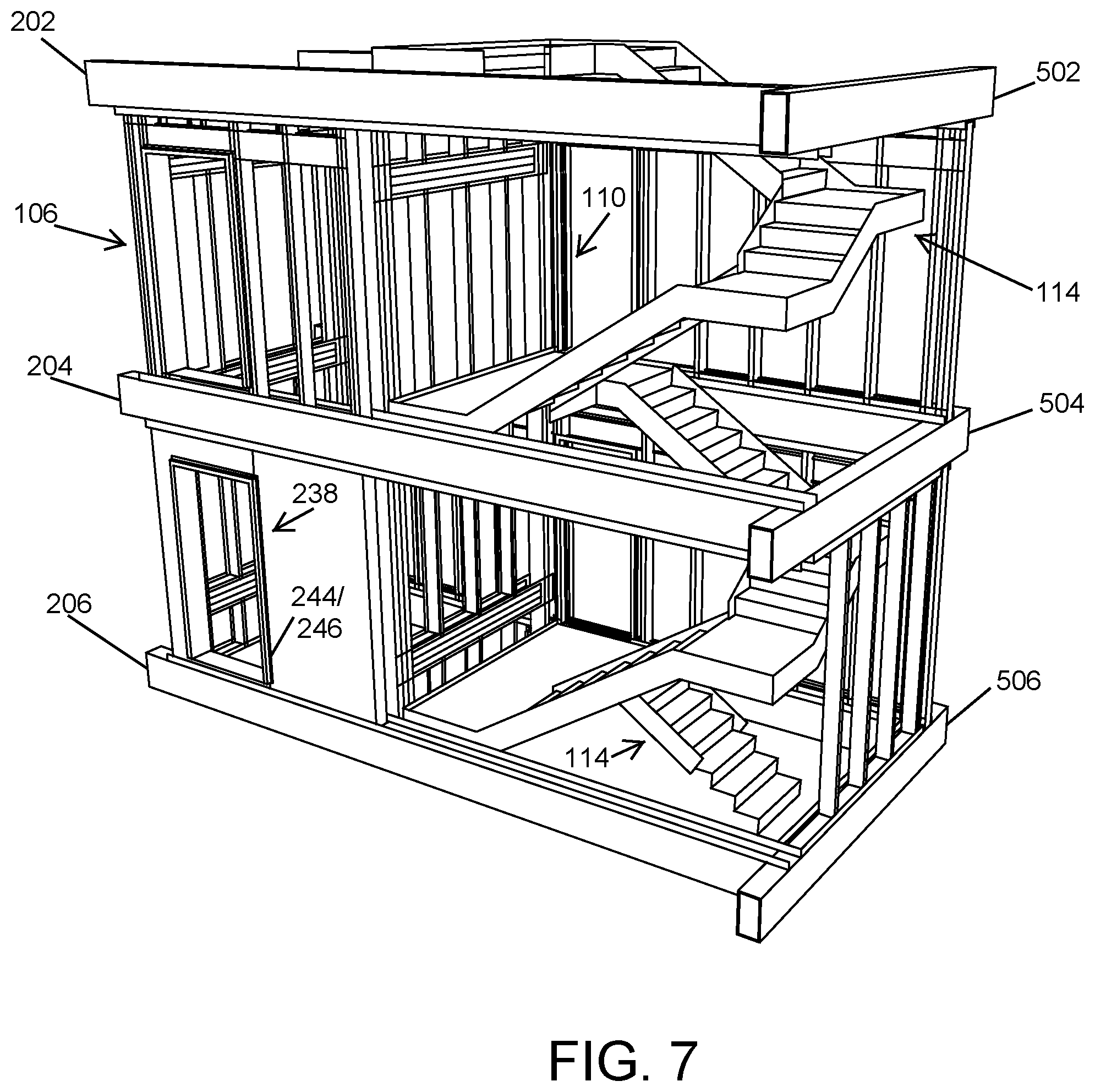 Patent US12297076 Figure 7 – Modular stairwell and elevator shaft system and method