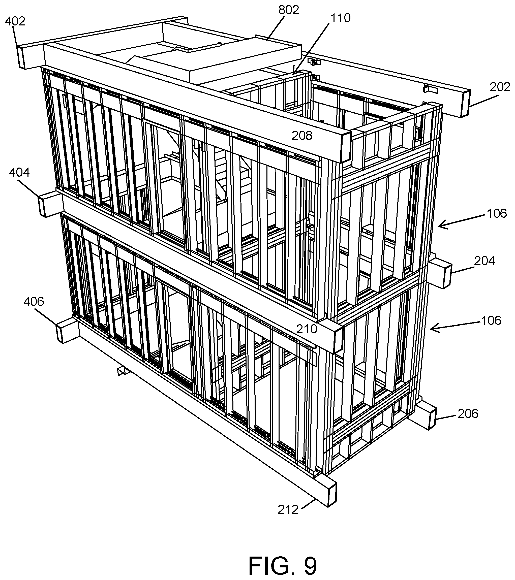 Patent US12297076 Figure 9 – Modular stairwell and elevator shaft system and method
