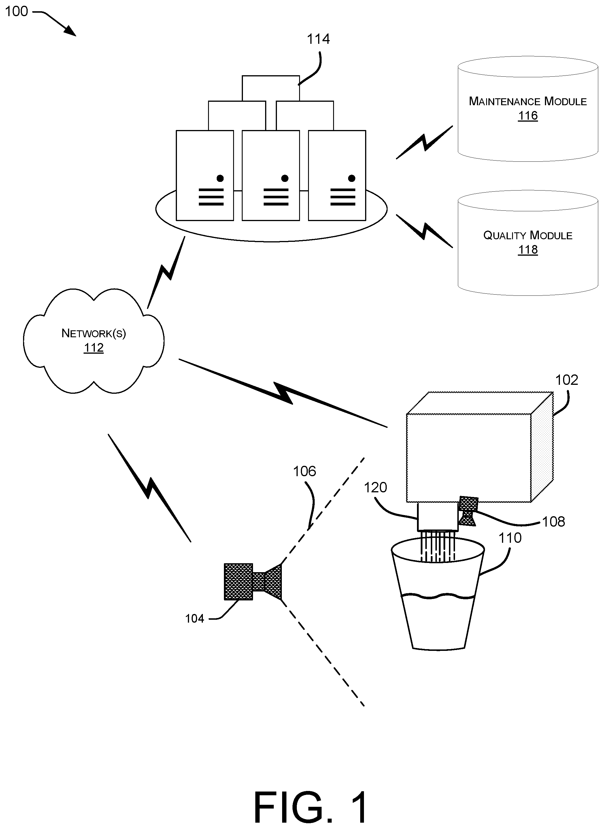 Patent US12297094 Figure 1 – Non-invasive automated beverage dispenser evaluation system