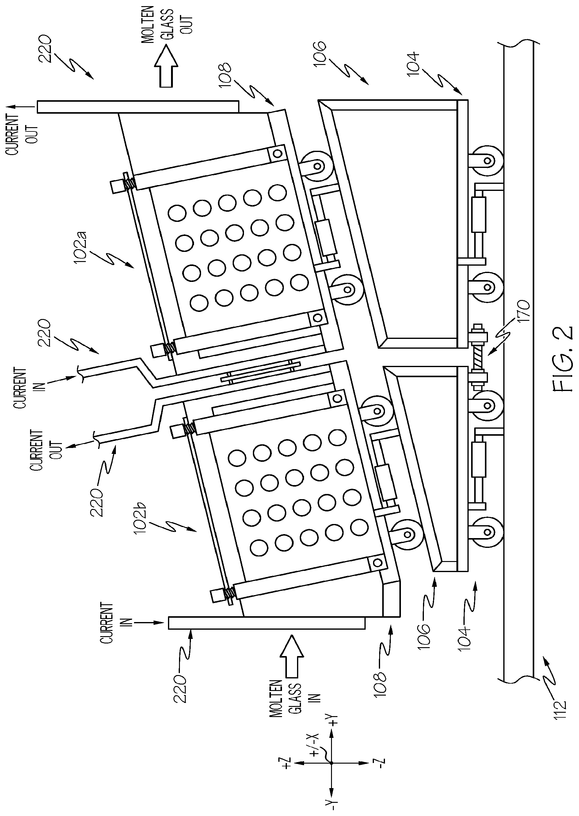 Patent US12297138 Figure 2 – Modular molten glass delivery apparatus