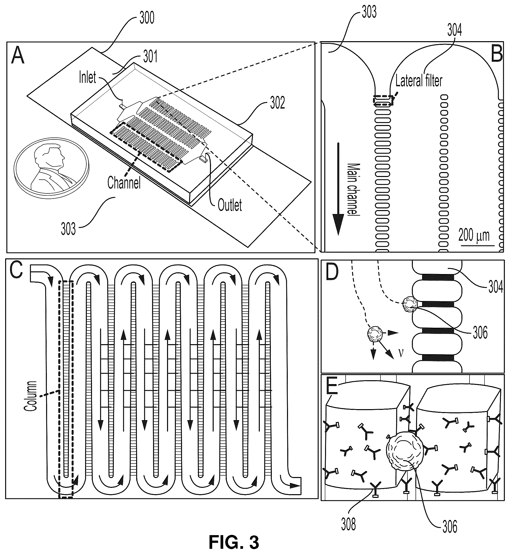 Patent US12297417 Figure 3 – Lateral filter array microfluidic device