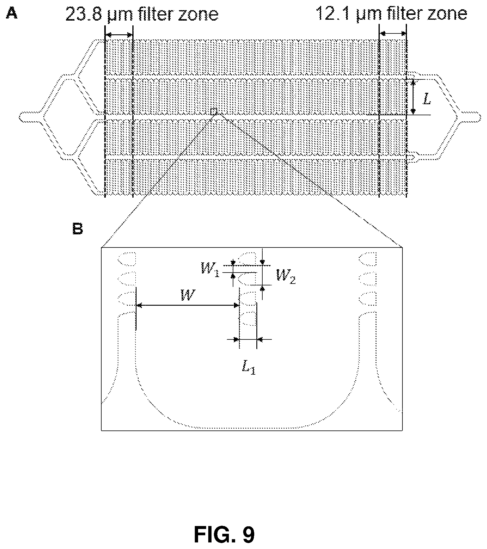 Patent US12297417 Figure 10 – Lateral filter array microfluidic device