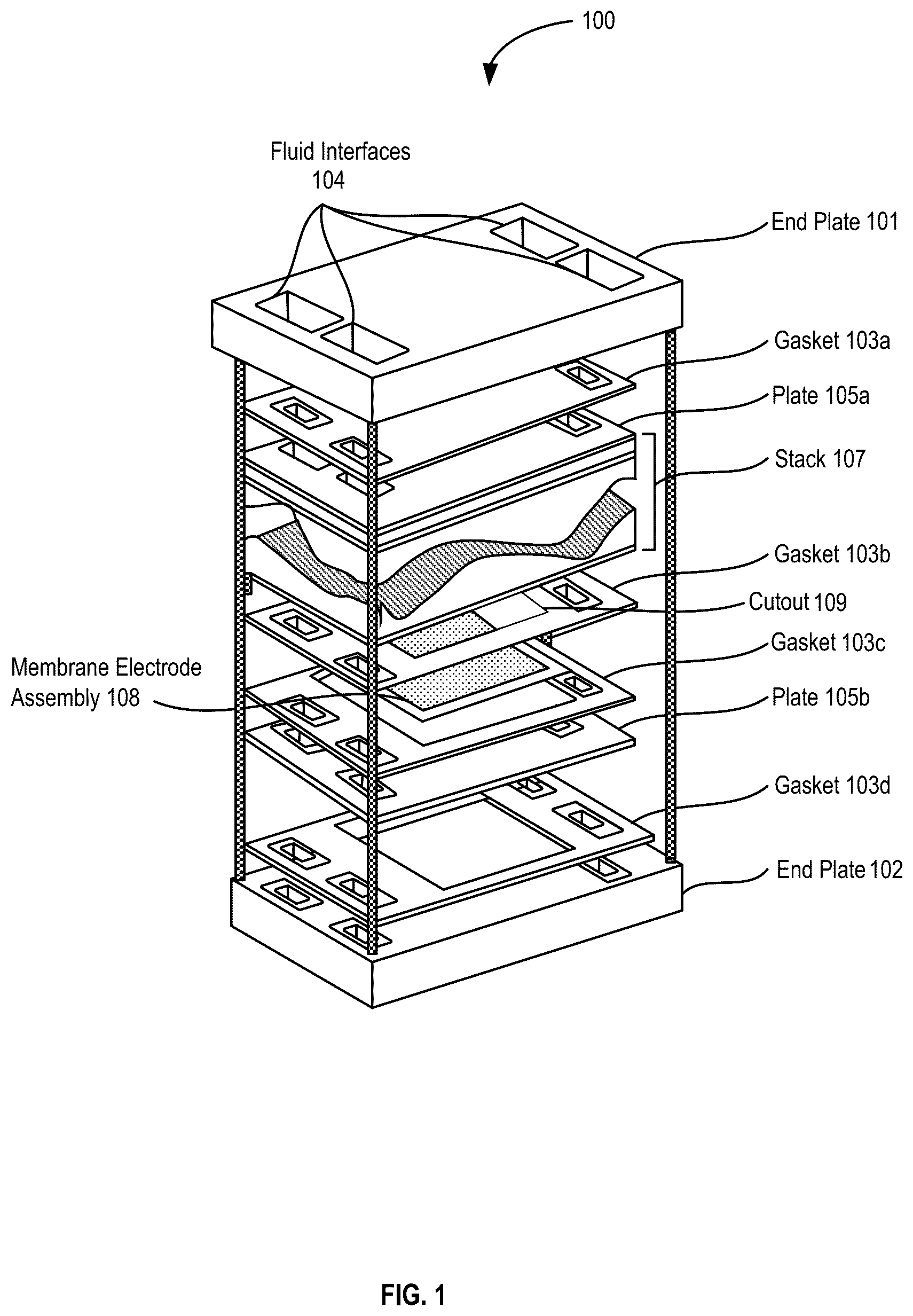 Patent US12297547 Figure 1 – Compressible flow distribution system for electrolyzer plates